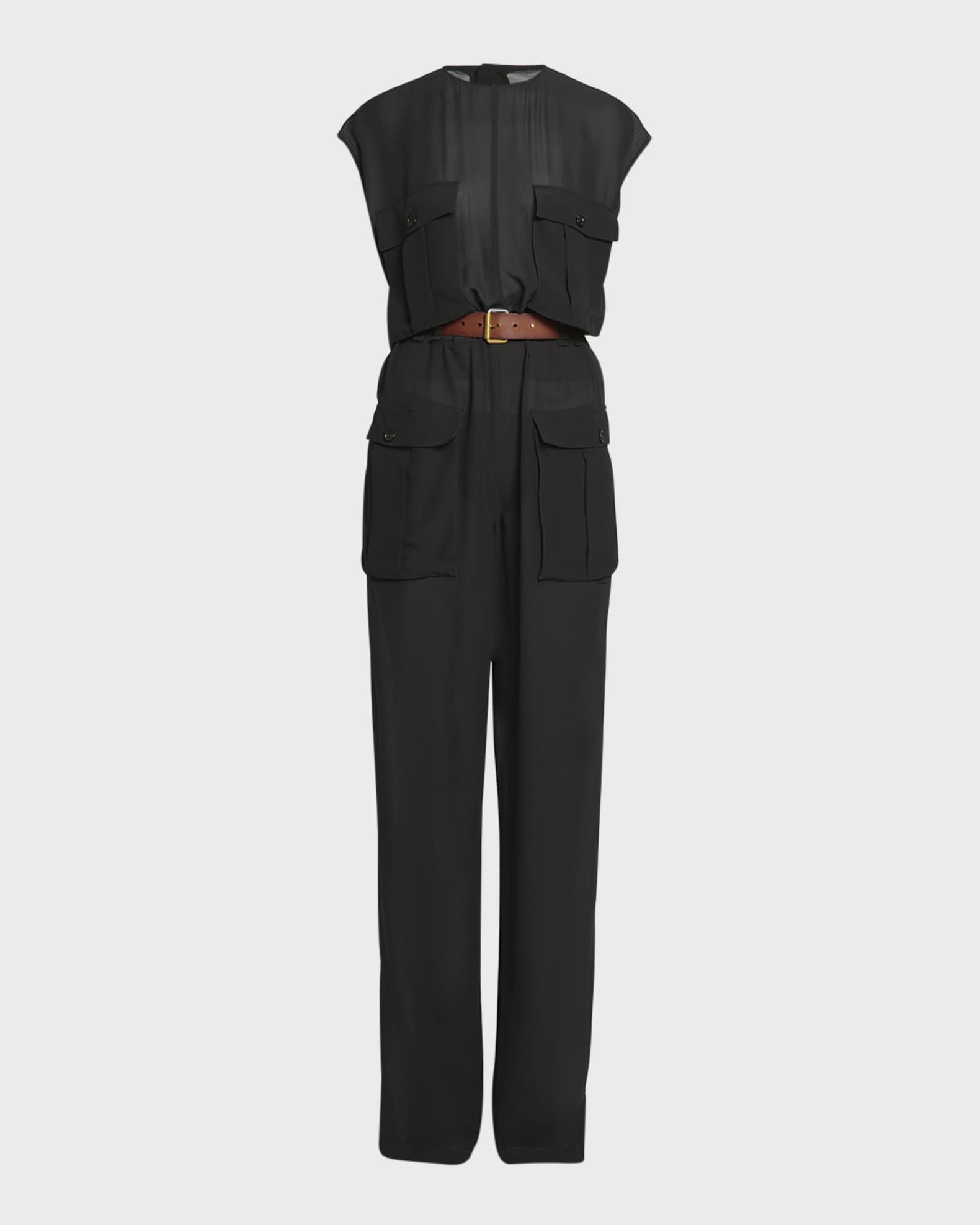 Saint Laurent Combinaison Sleeveless Belted Silk Chiffon Utility Jumpsuit Nero