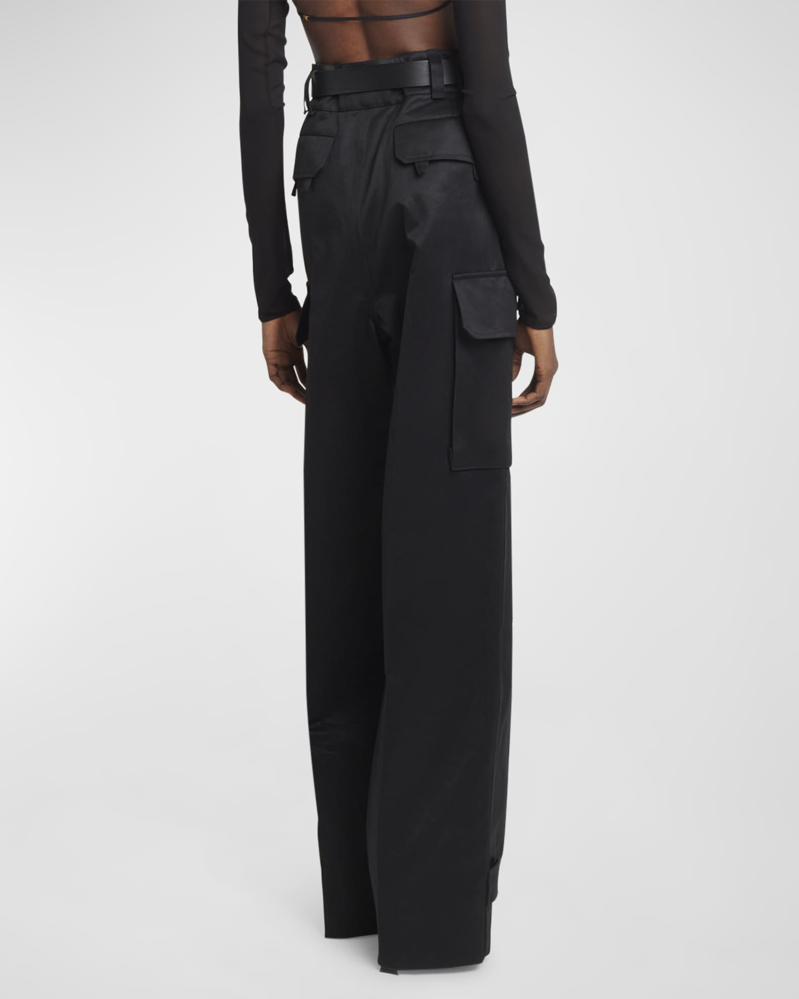 High-Rise Belted Straight-Leg Satin Cargo Pants