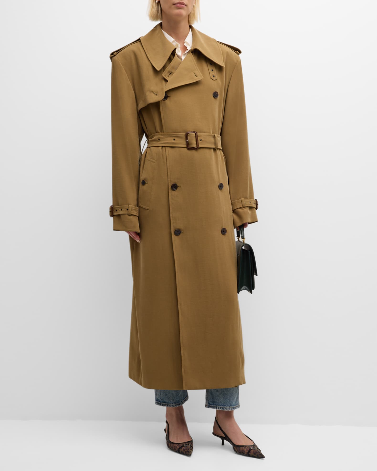 Suede Effect Belted Long Trench Coat
