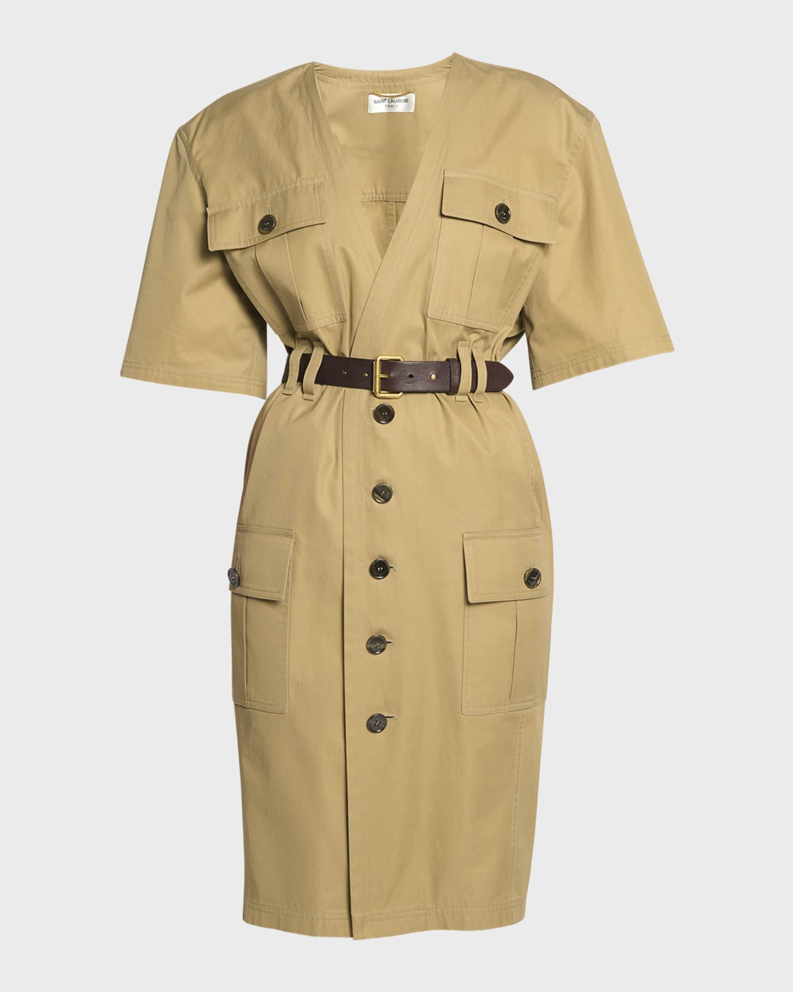 Saint Laurent V-Neck Short-Sleeve Belted Utility Dress