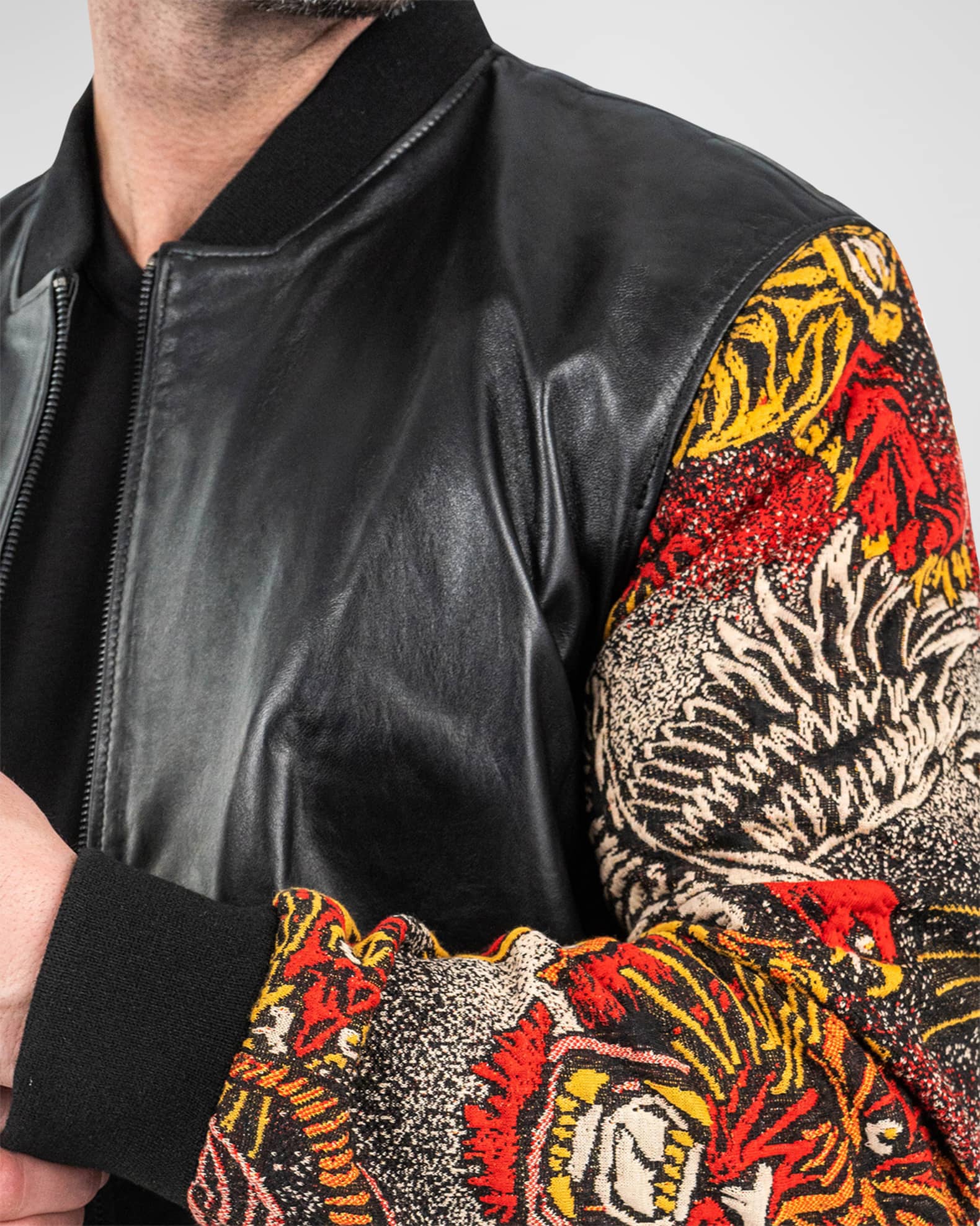 Men s Leather G Dragon Sleeve Bomber Jacket