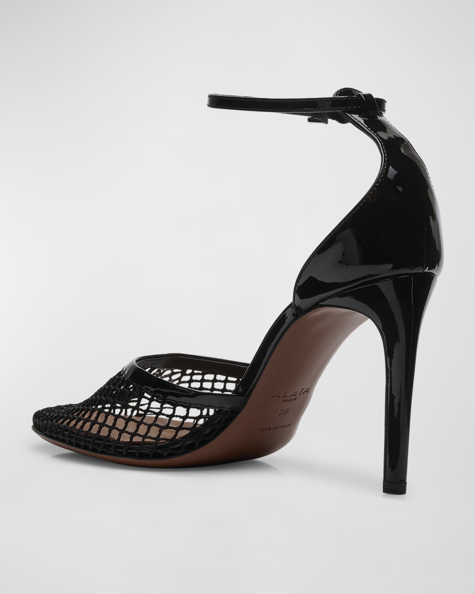 【関税込み】ALAIA Heeled shoes ALAIA Fishnet Patent Ankle-Strap Pumps | Neiman Marcus