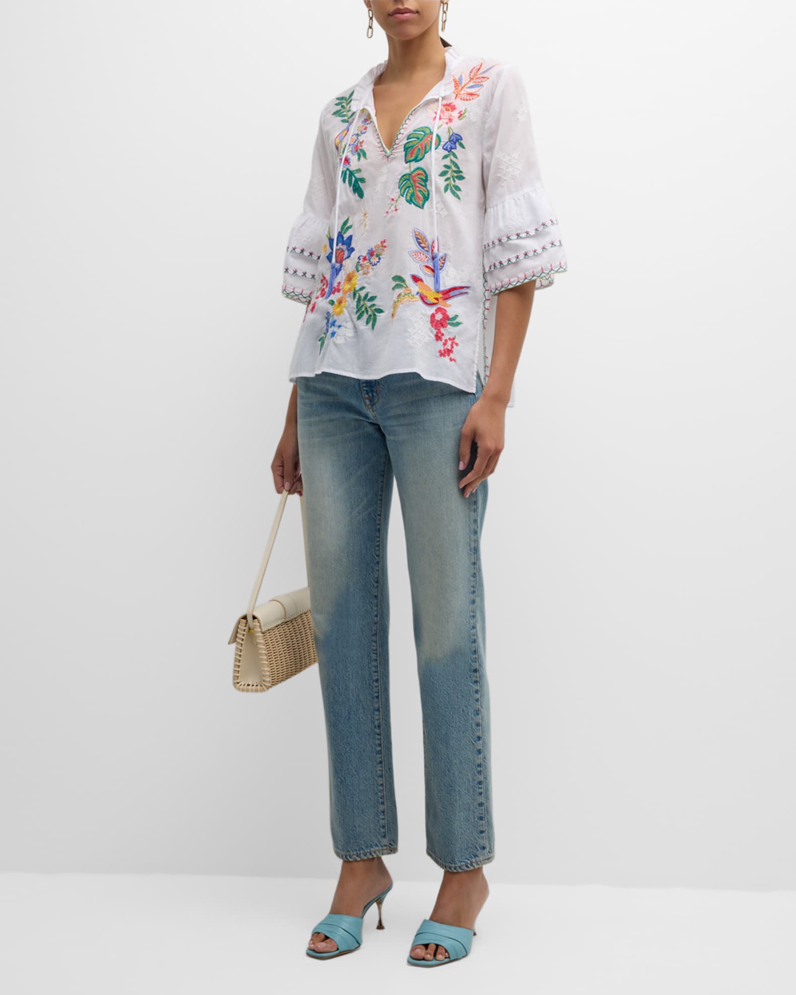 Johnny Was Floral-Embroidered Cotton Blouse | Neiman Marcus