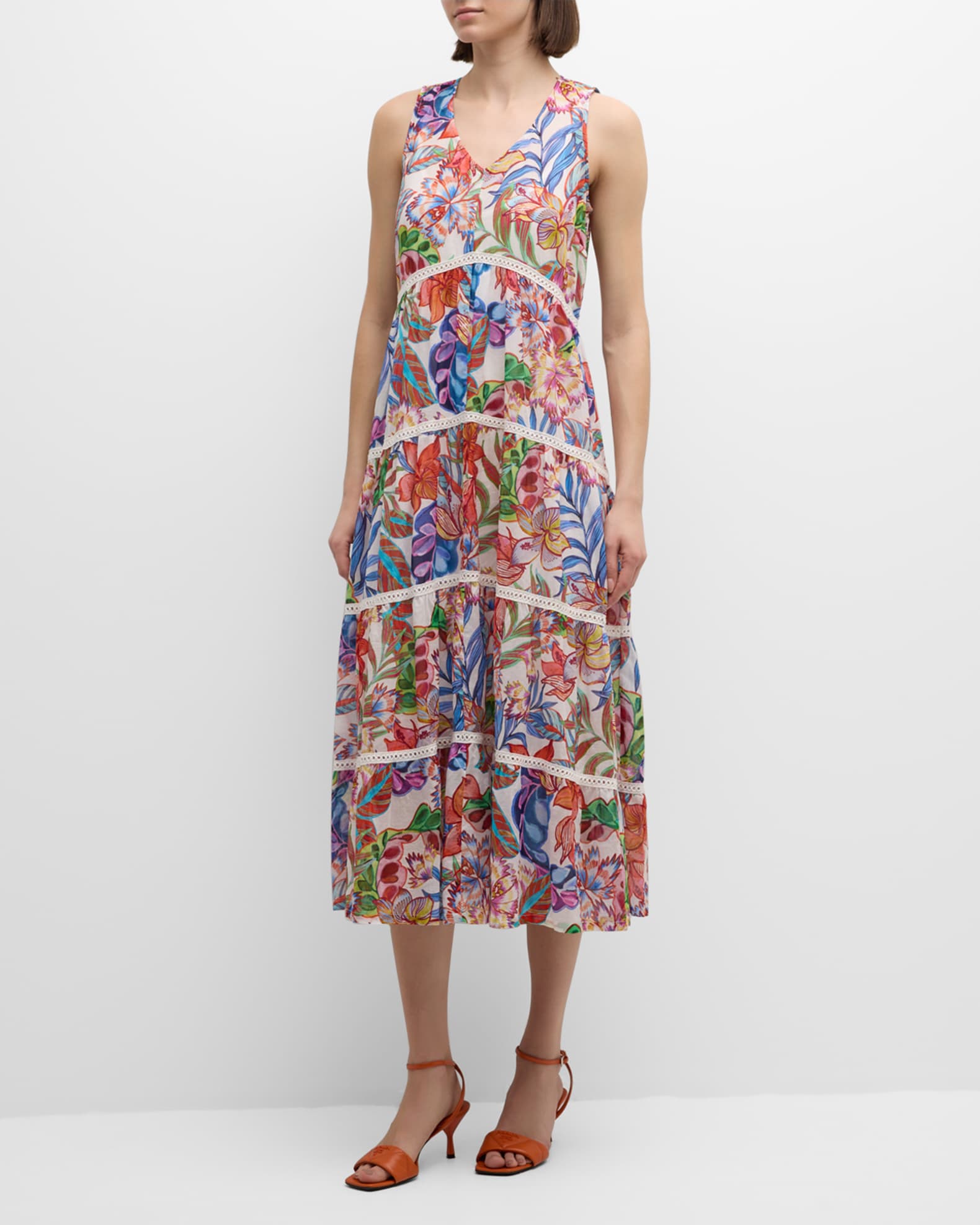 Johnny Was Tiered Lace-Trim Floral-Print Midi Dress | Neiman Marcus