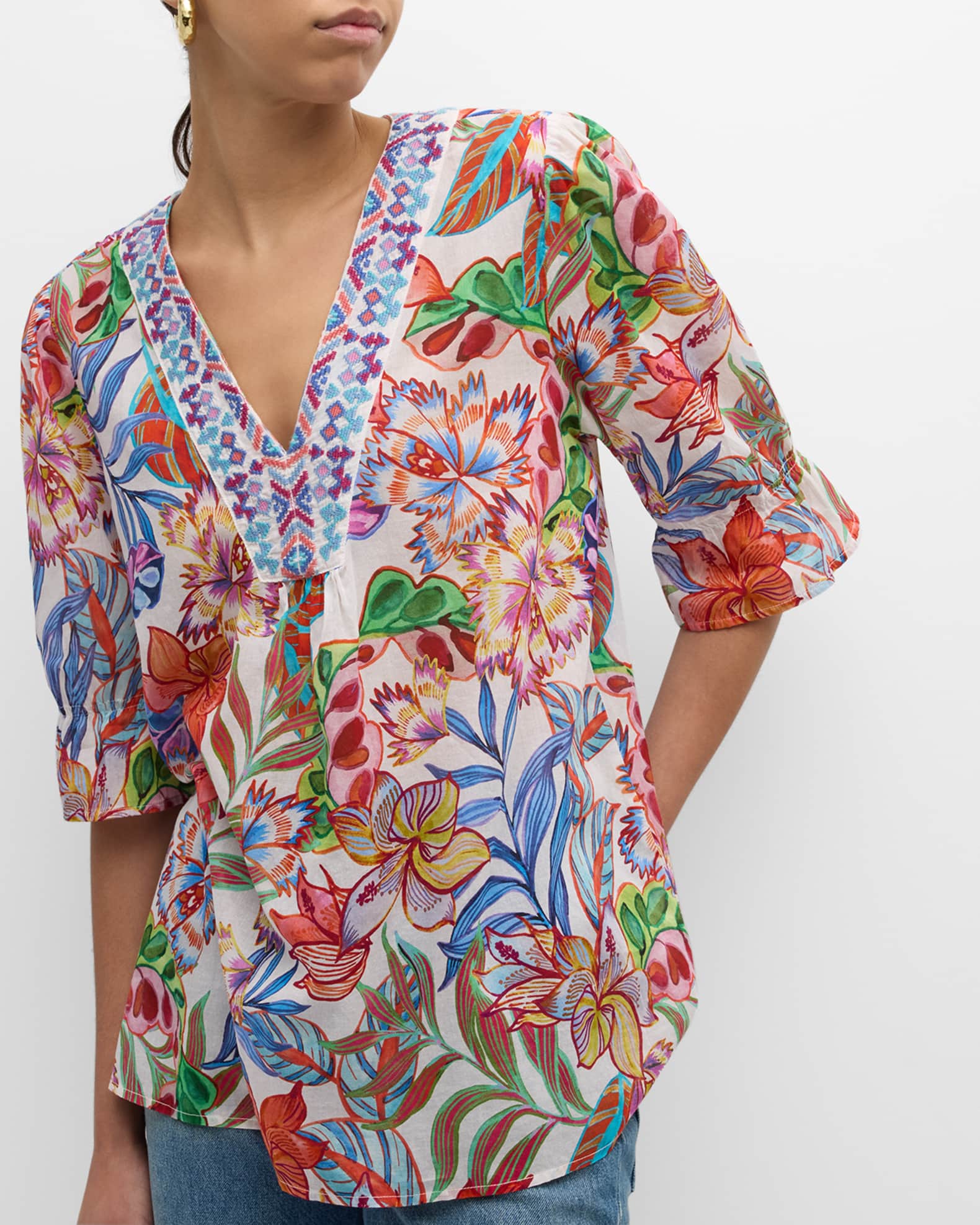 Johnny Was Easy Field Embroidered Floral-Print Blouse | Neiman Marcus