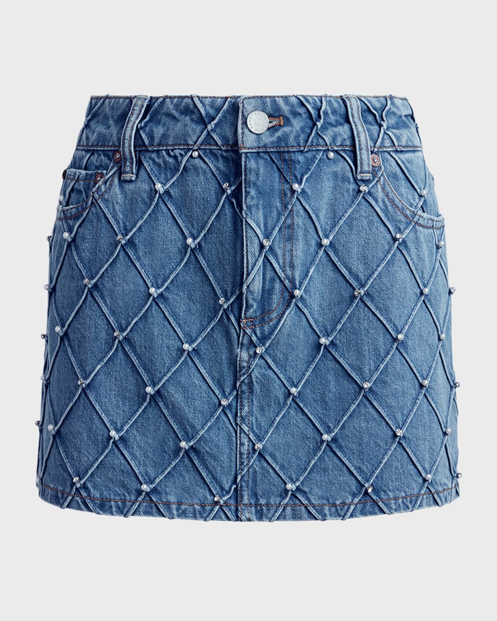 Alice + Olivia Joss High-Rise Quilted Embellished Denim Mini Skirt