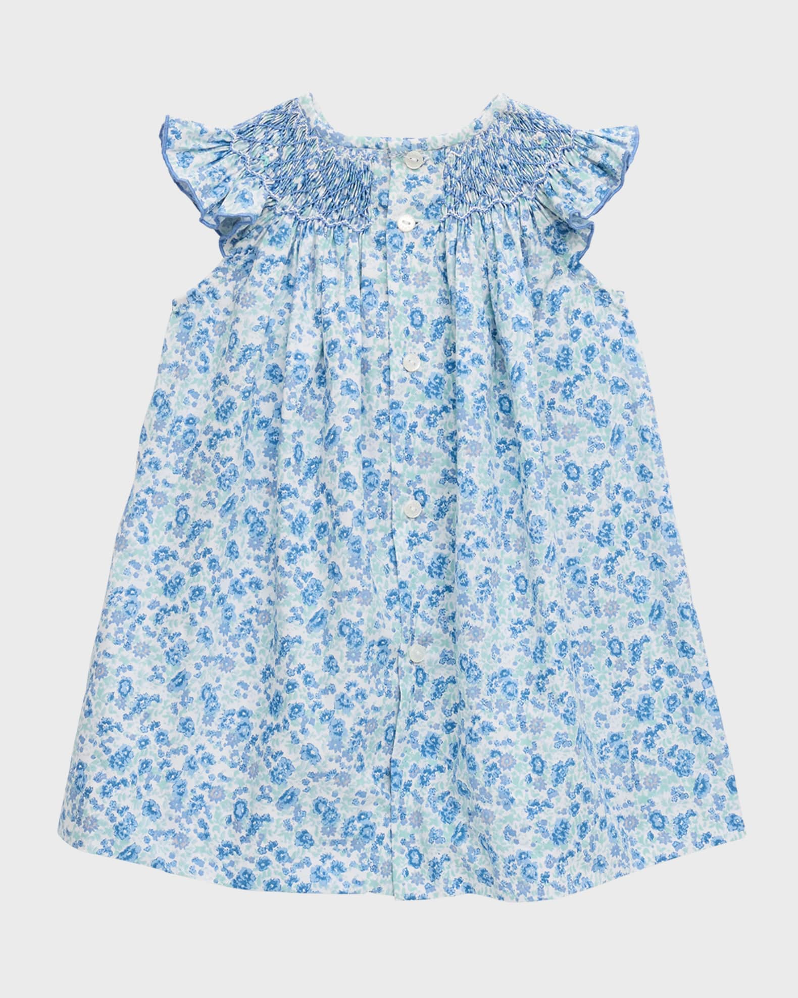 Luli & Me Girls Square Neck Smocked Ruffles Dress - Blue