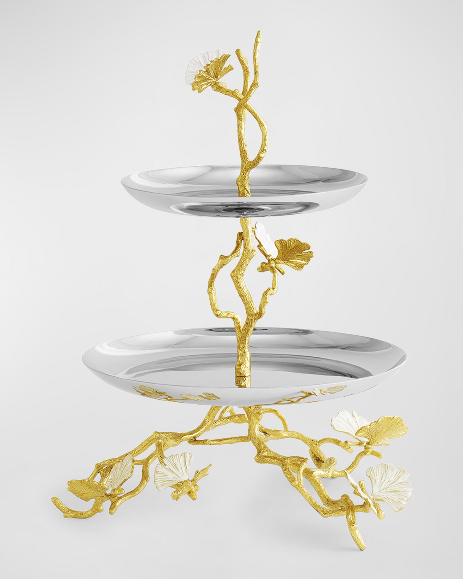 Michael Aram Butterfly Ginkgo White & Gold Two Tier Etagere | Neiman Marcus