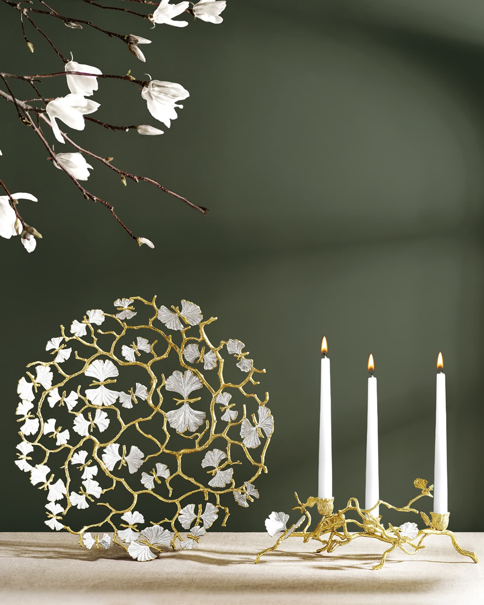 Michael Aram Butterfly Ginkgo White & Gold Low Candleholders
