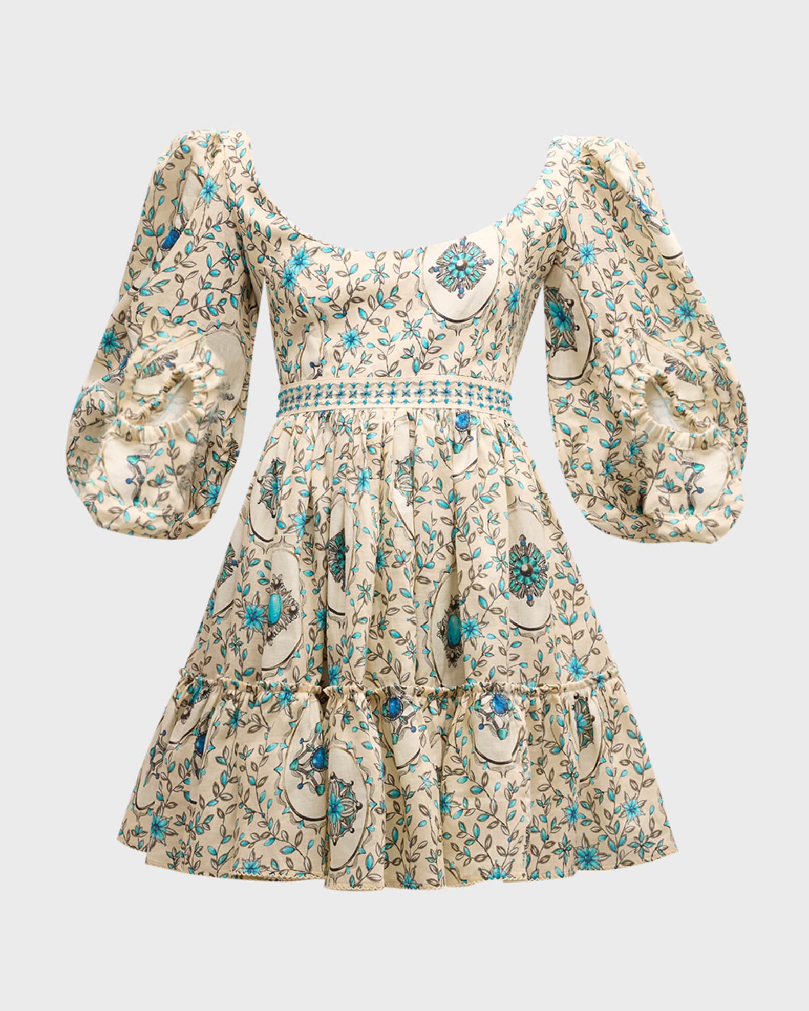 Agua by Agua Bendita Delirio Platero Floral Linen Puff-Sleeve Mini Dress