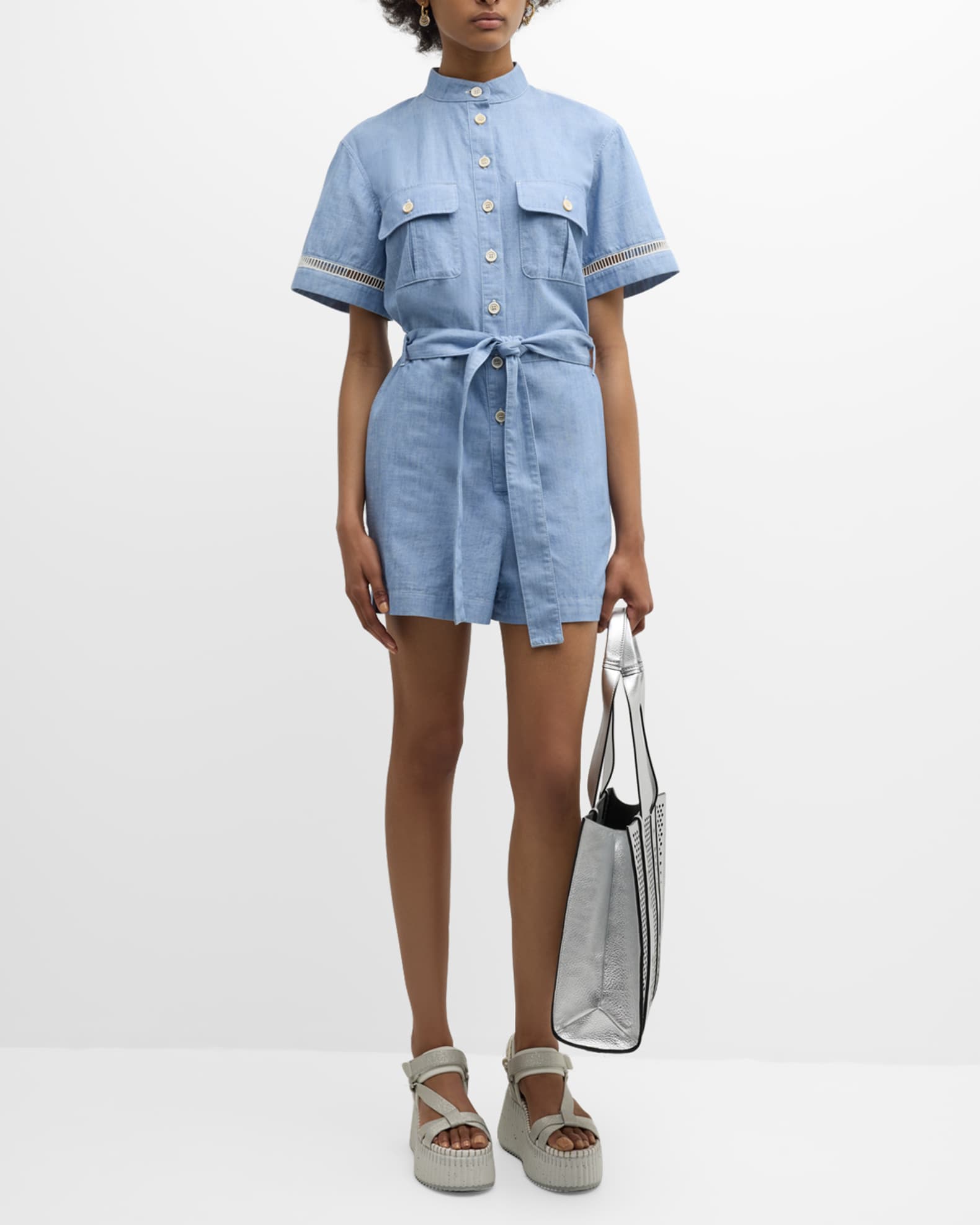 Chloe x High Summer Short-Sleeve Belted Romper | Neiman Marcus