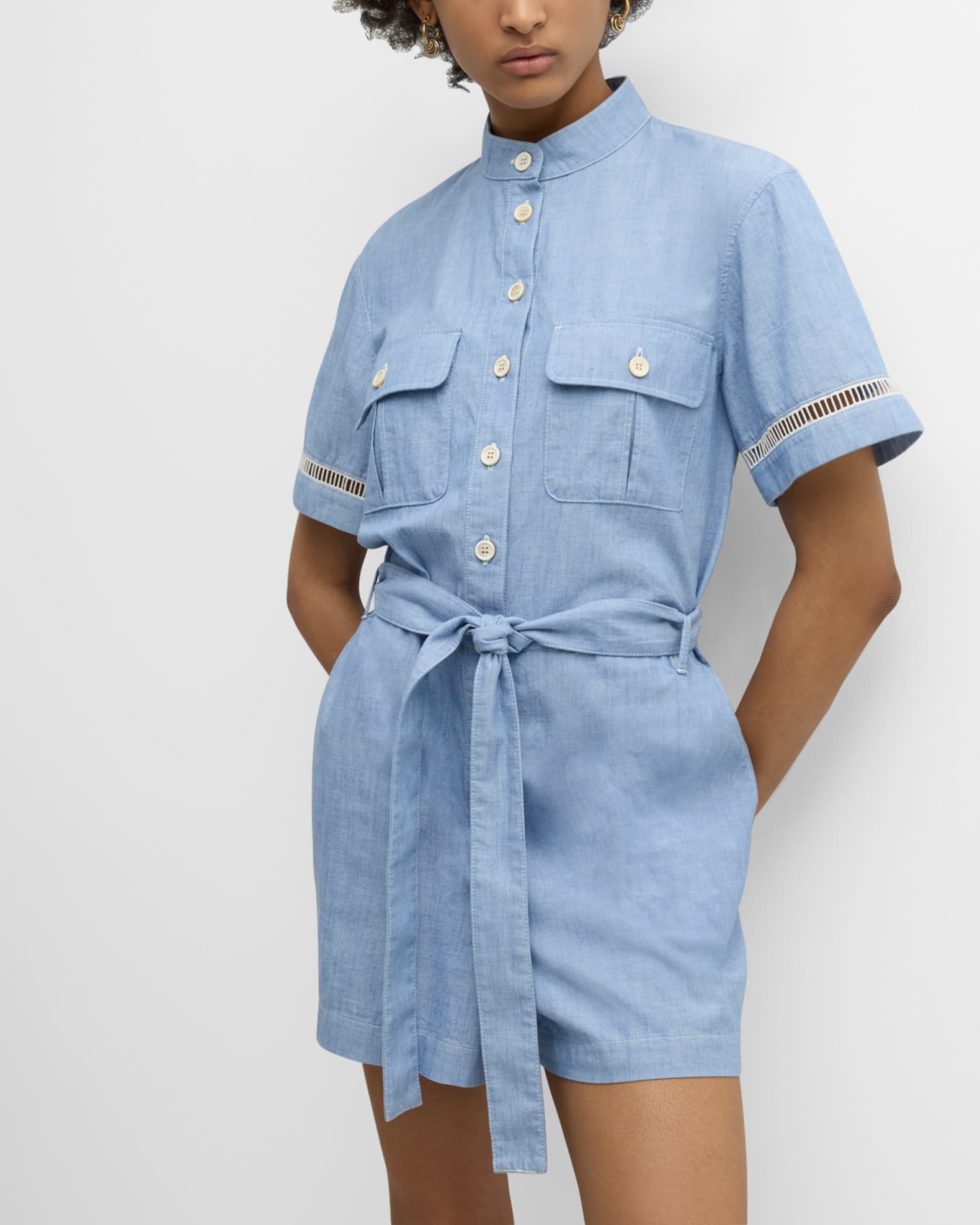 Chloe x High Summer Short-Sleeve Belted Romper | Neiman Marcus