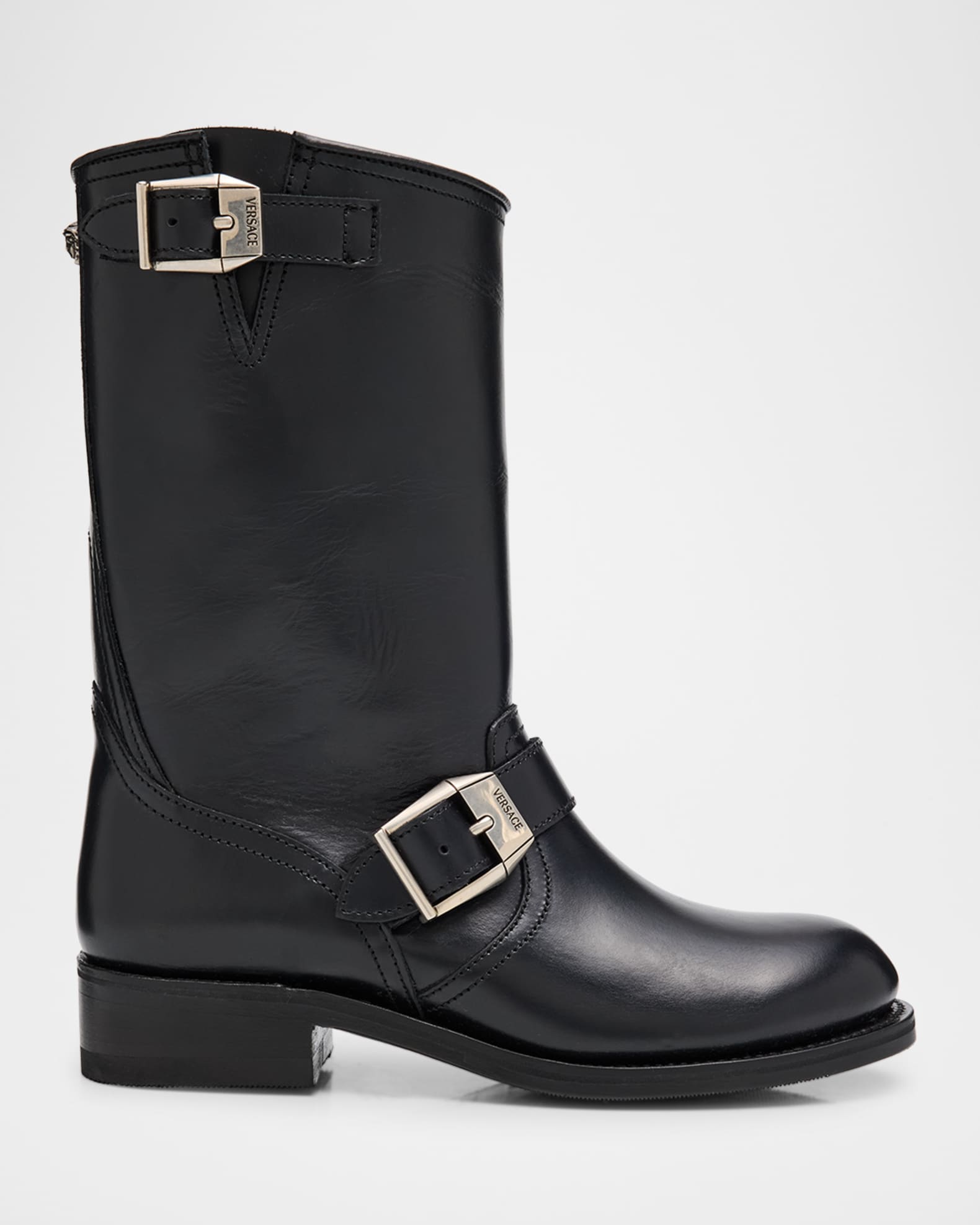 Versace Calfskin Buckle Biker Boots Black palladium