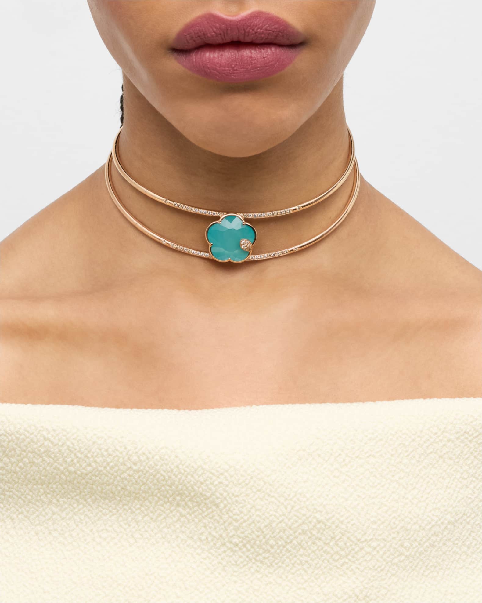 Ton Joli 18K Rose Gold Diamond and Turquoise Flower Necklace 1
