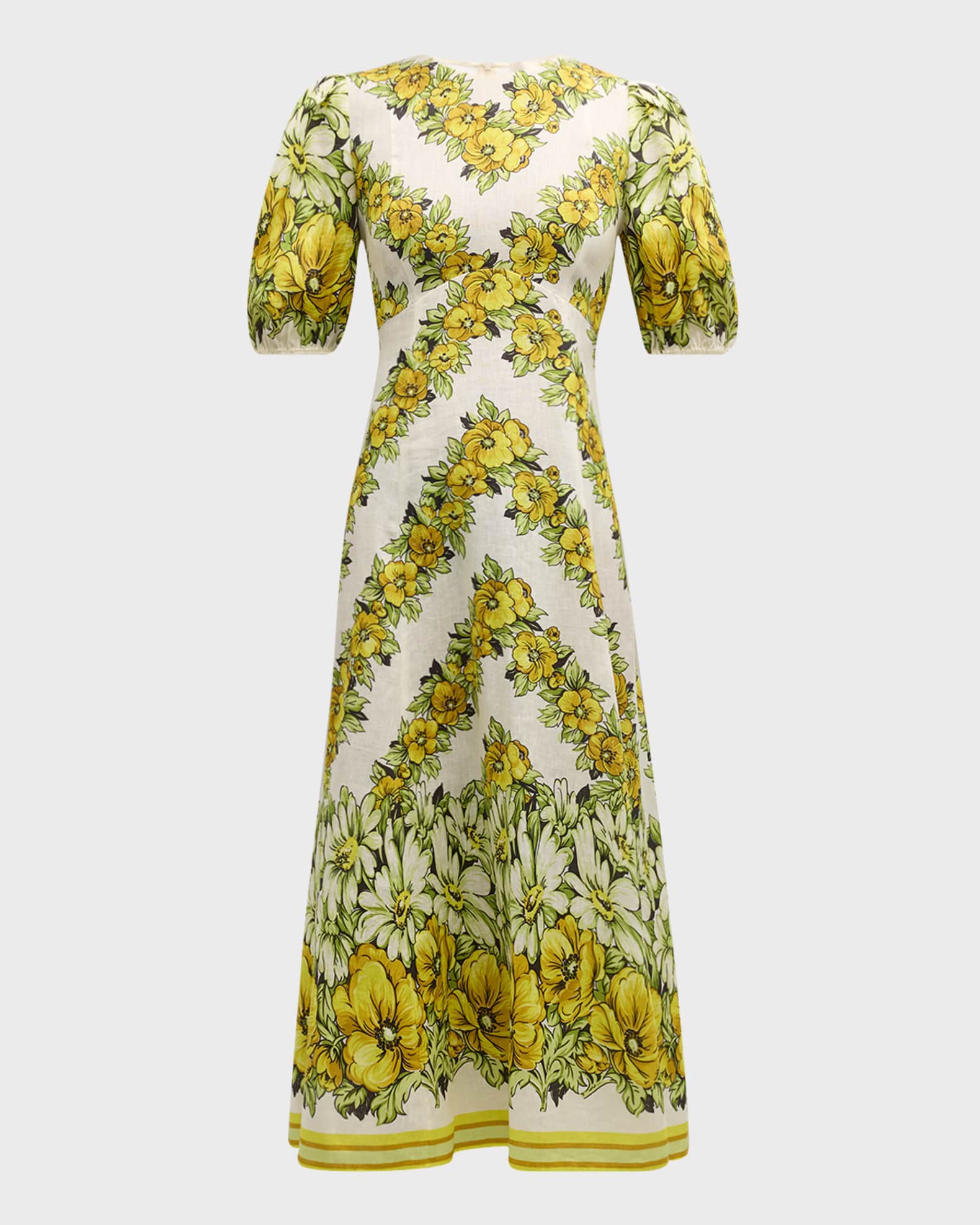 ALEMAIS Gisela Balloon-Sleeve Floral Linen A-Line Midi Dress