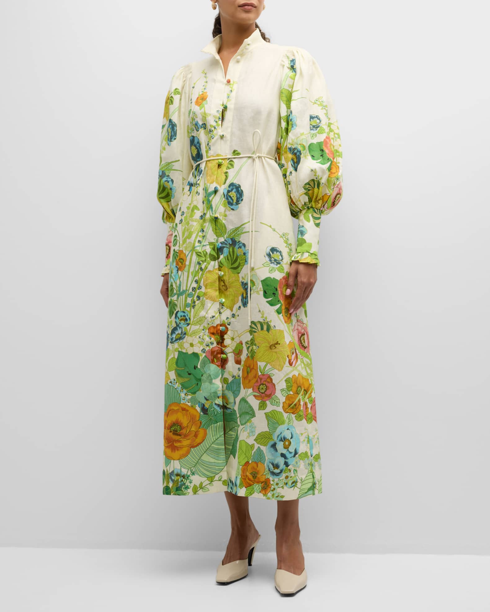 ALEMAIS Constance Floral Linen Stand Collar Midi Shirtdress Neiman Marcus