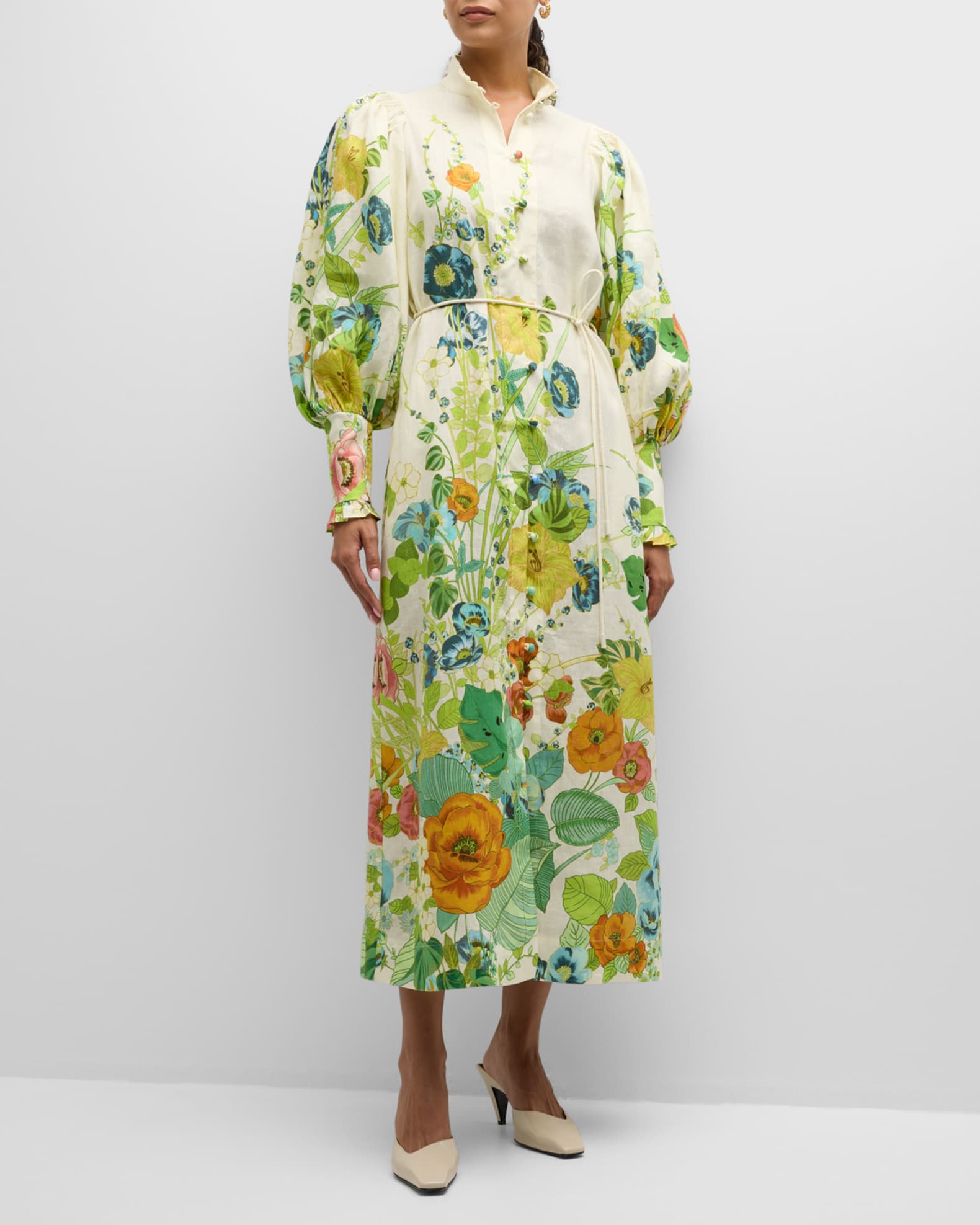 ALEMAIS Constance Floral Linen Stand Collar Midi Shirtdress Neiman Marcus