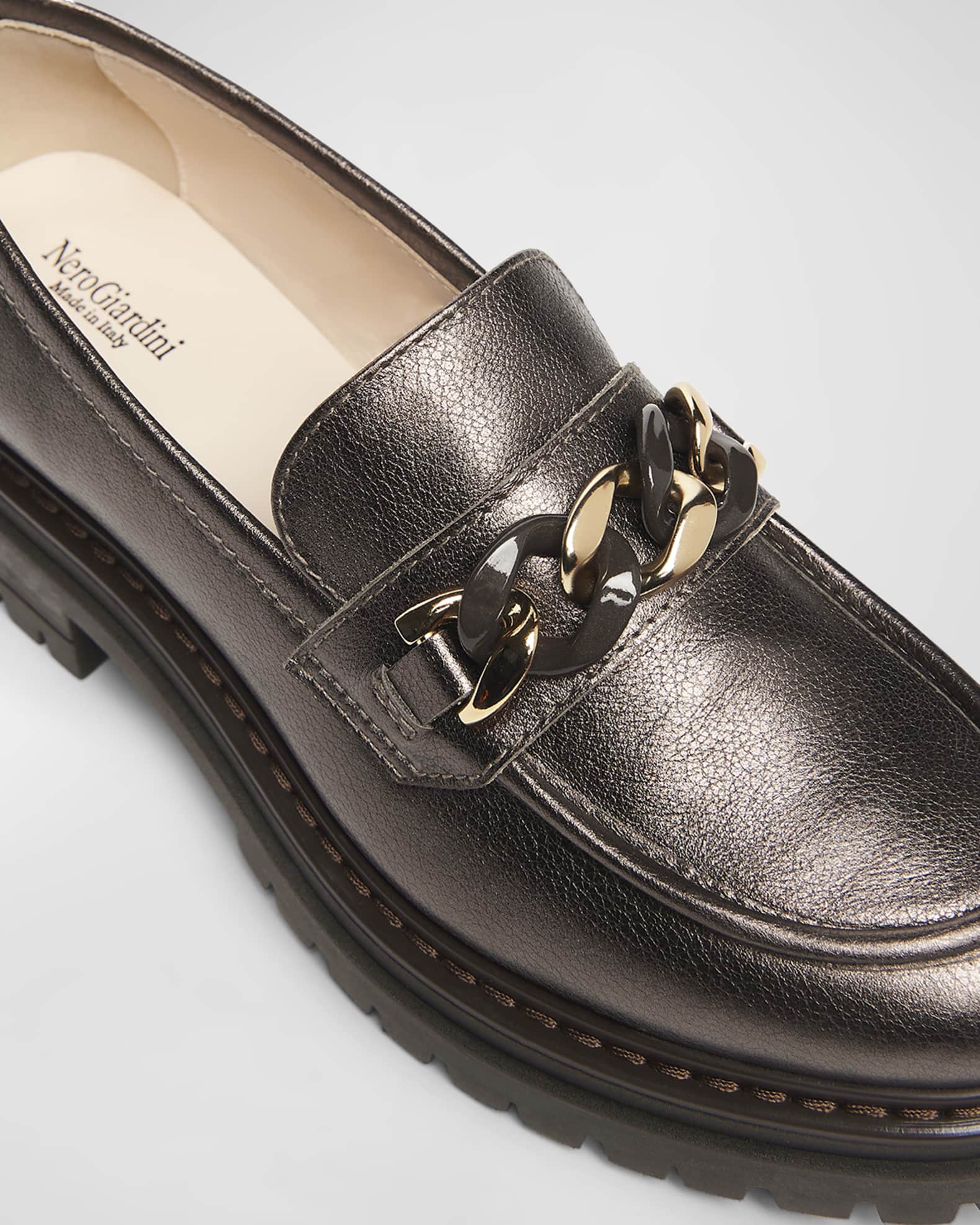 NeroGiardini Metallic Leather Chain Lug-Sole Loafers