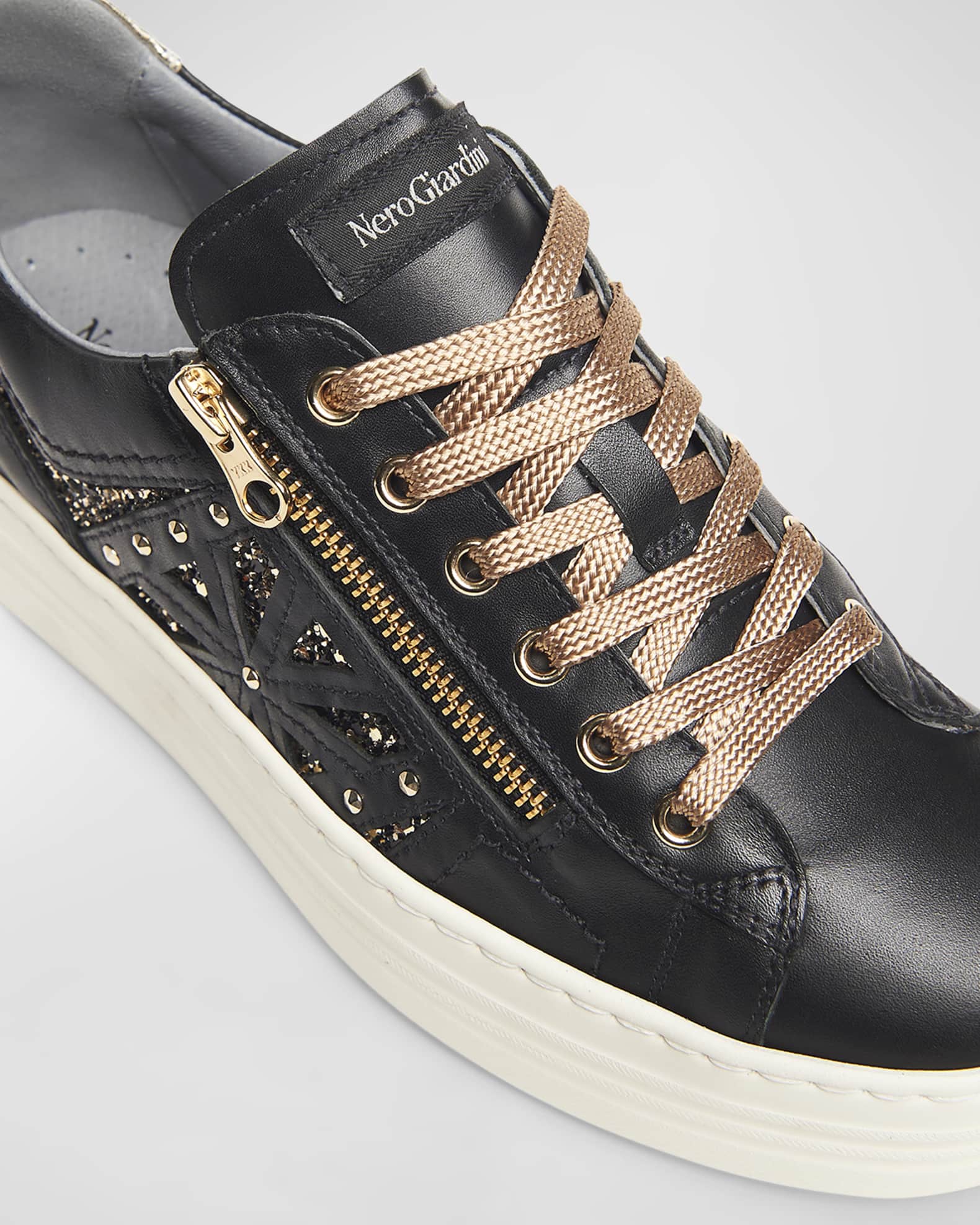 NeroGiardini Metallic Zip Cutout Glitter Sneakers Neiman Marcus