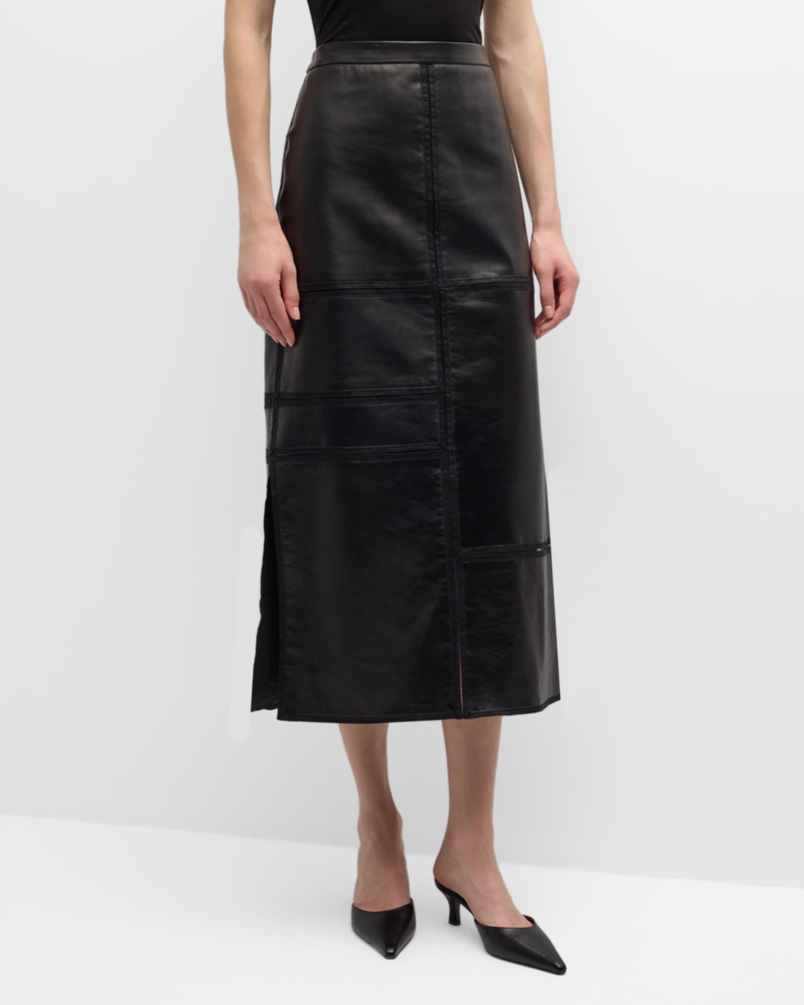 Lafayette 148 New York Block Panel Nappa Leather Midi Skirt Neiman Marcus