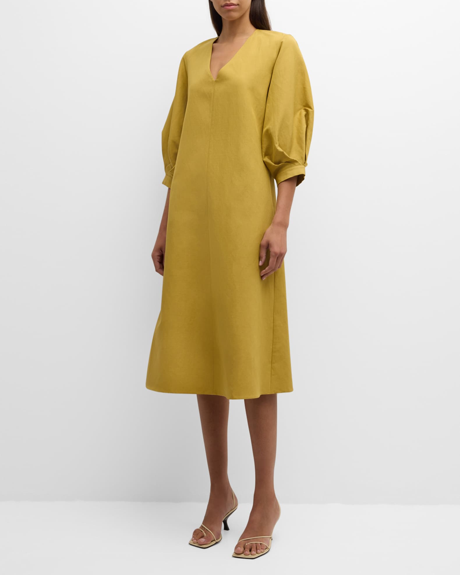 Blouson Sleeve Silk Linen Midi Dress