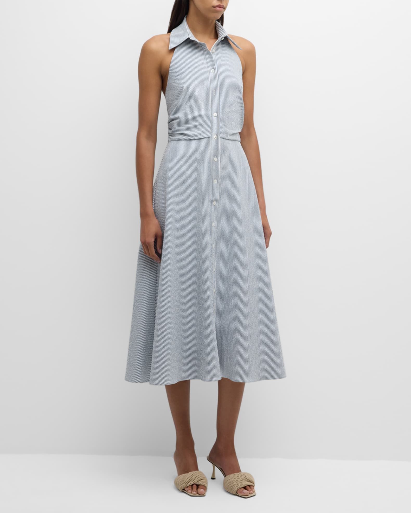 Veronica Beard Mackey Seersucker Halter Dress blue white