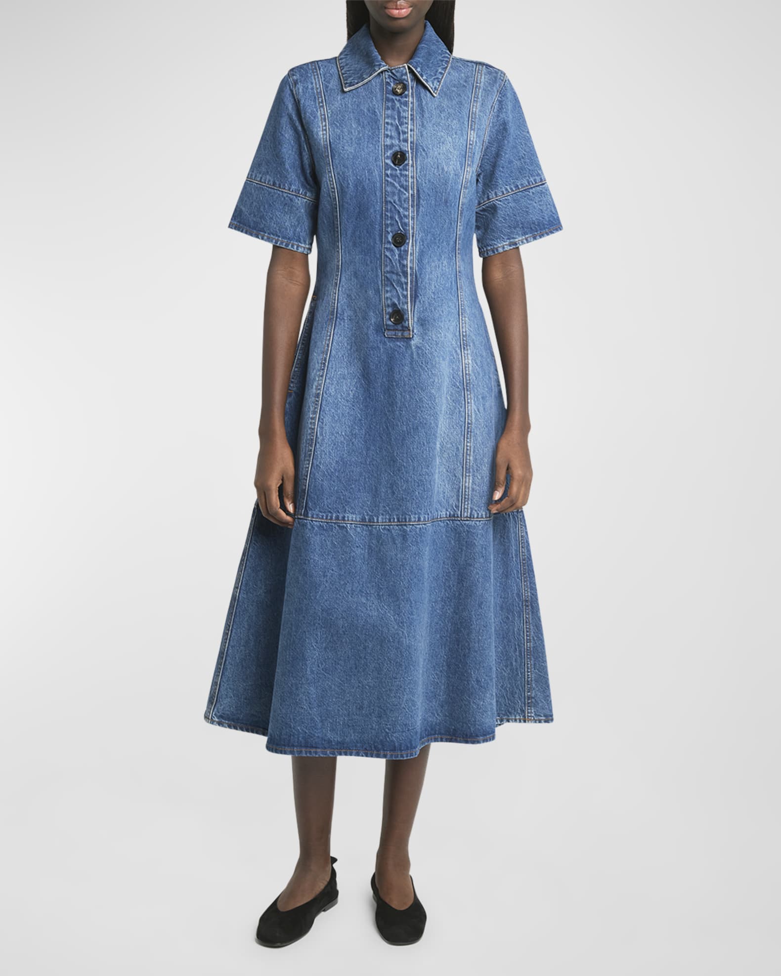 Half-Placket Short-Sleeve Denim Mini Shirtdress 1
