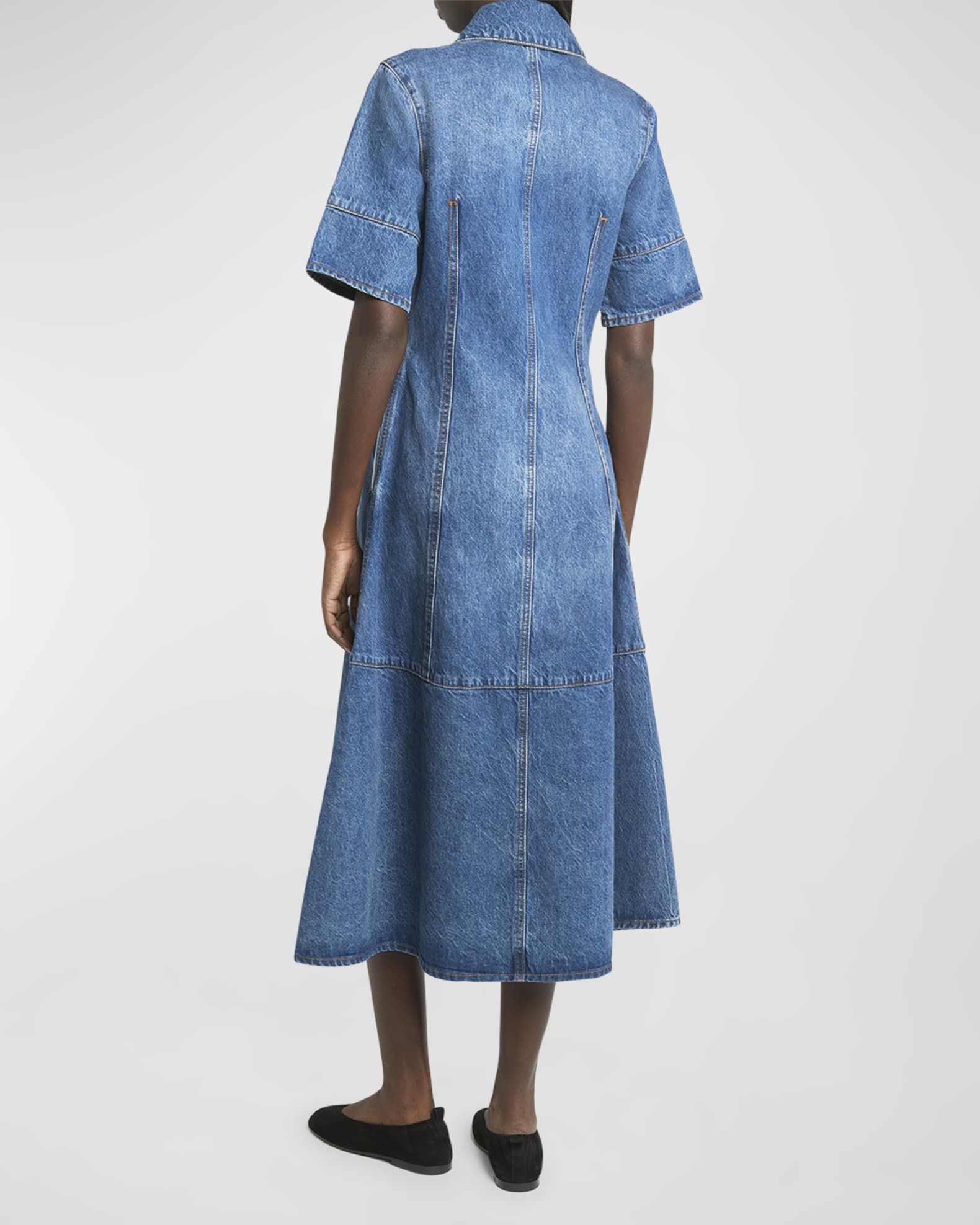 Co Half-Placket Short-Sleeve Denim Mini Shirtdress | Neiman Marcus