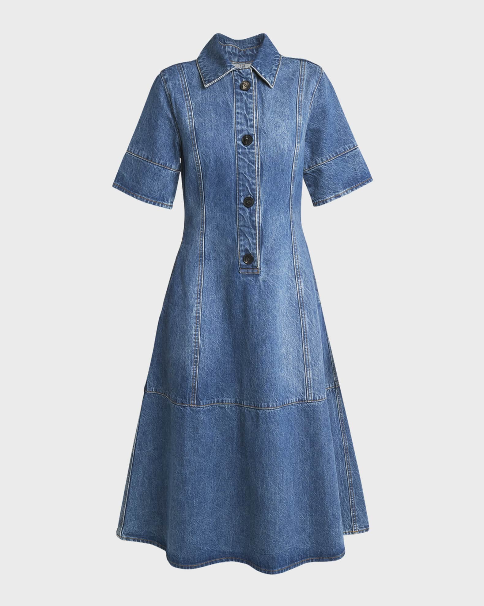 Half-Placket Short-Sleeve Denim Mini Shirtdress 0
