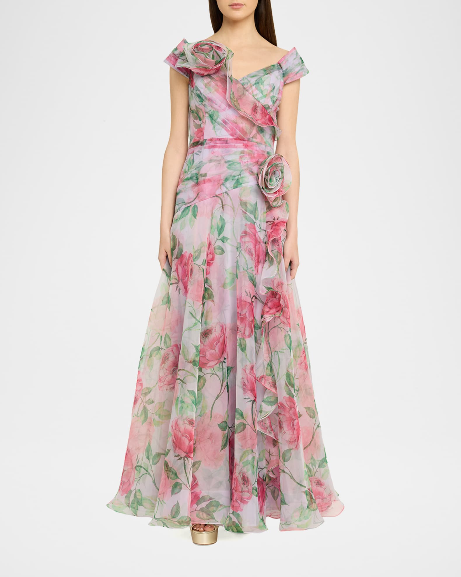 Rickie Freeman for Teri Jon Pleated Off-Shoulder Floral-Print