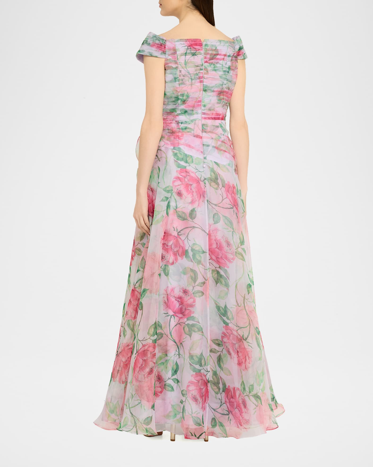 Rickie Freeman for Teri Jon Pleated Off-Shoulder Floral-Print Organza Gown  | Neiman Marcus