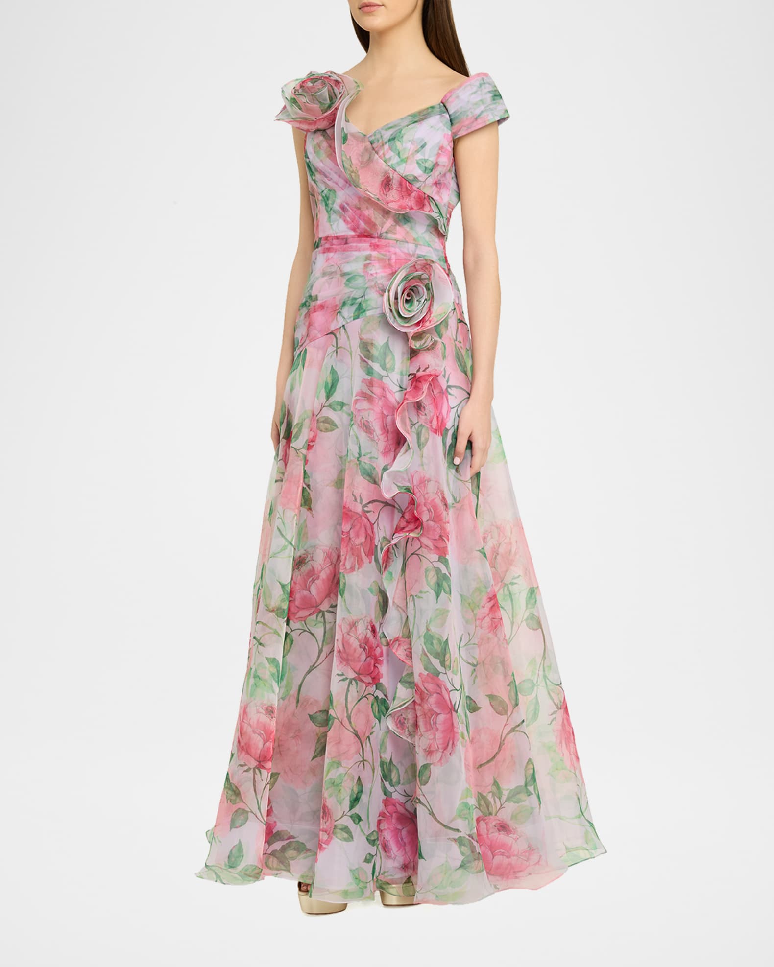 Organza Saks Teri Jon Dresses Rickie Freeman For Teri Jon Pleated  Off-Shoulder Floral-Print