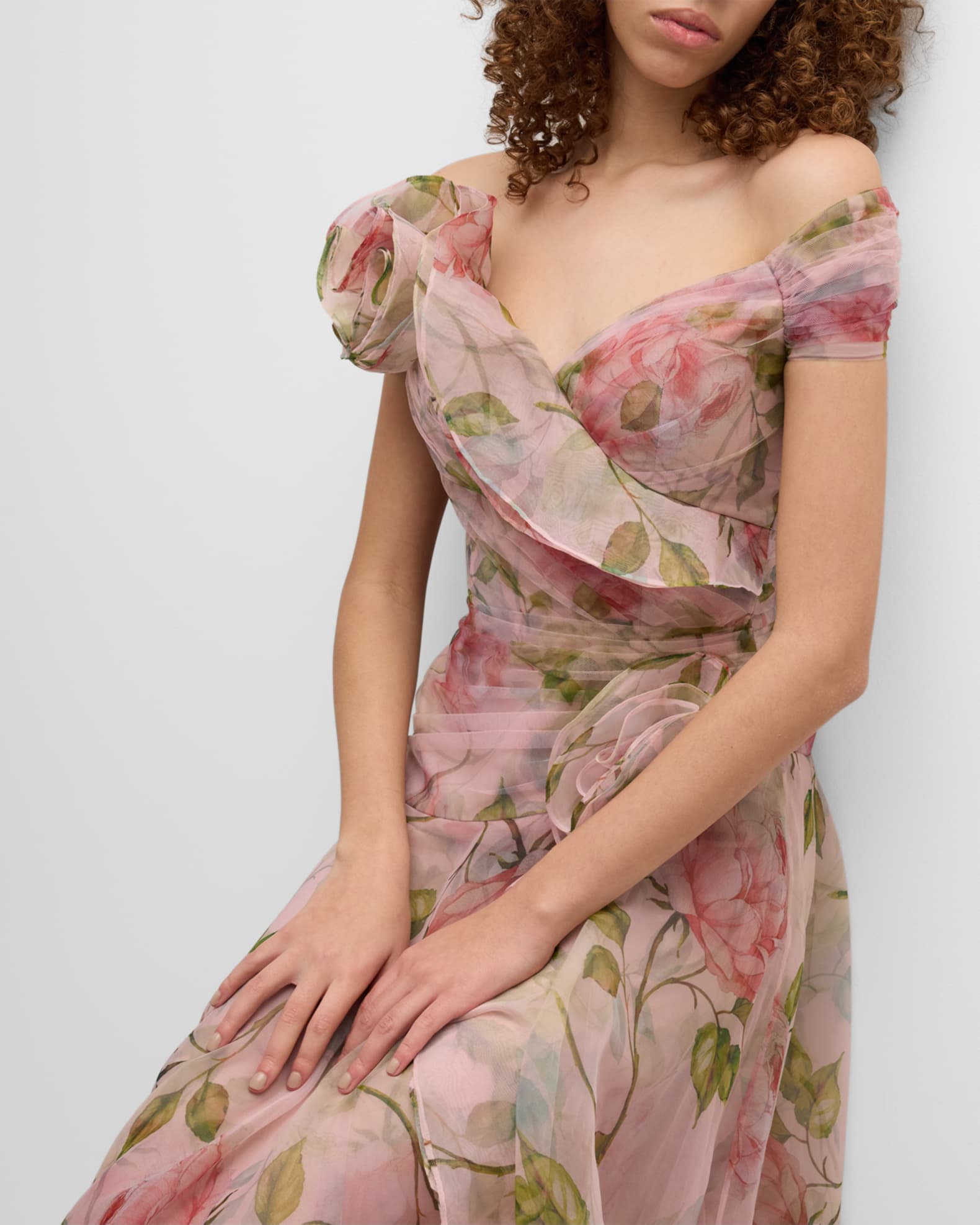 Off shoulder floral print mesh pleated dress deals