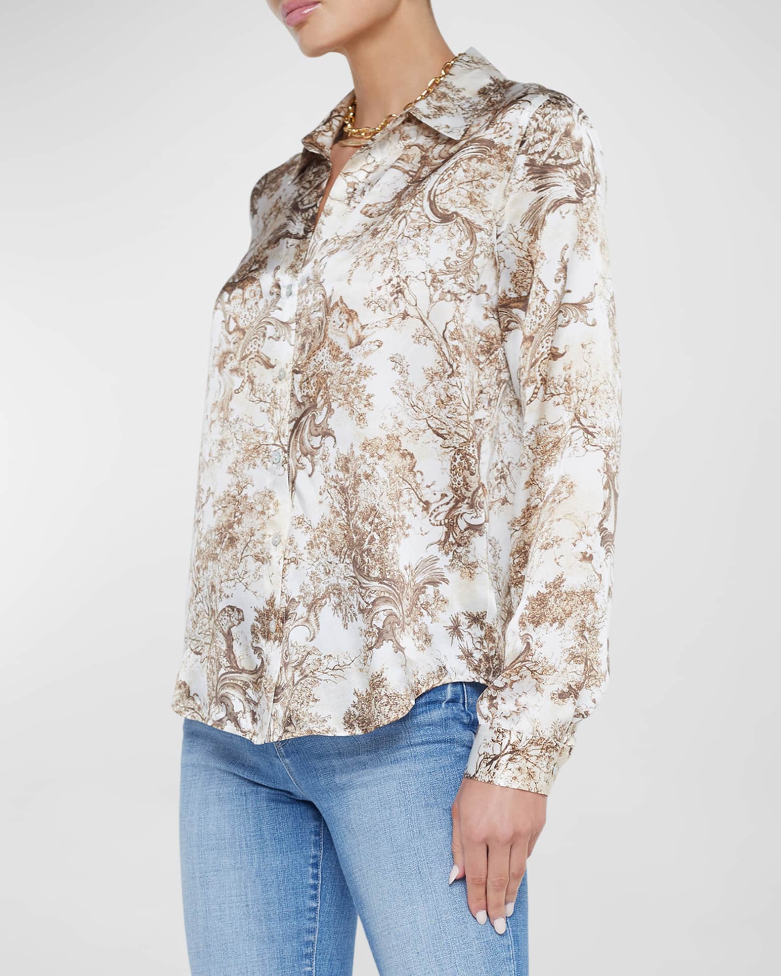 Tyler Silk Blouse Tan/Truffle Butterfly Toile - L'AGENCE