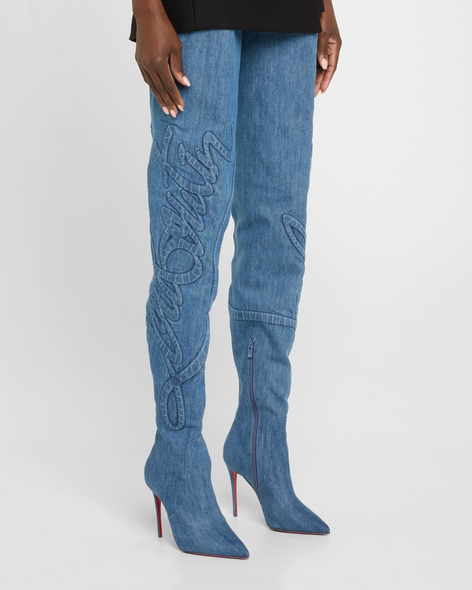 Christian Louboutin Kate Denim Embroidered Red Sole Over The Knee Boots Neiman Marcus