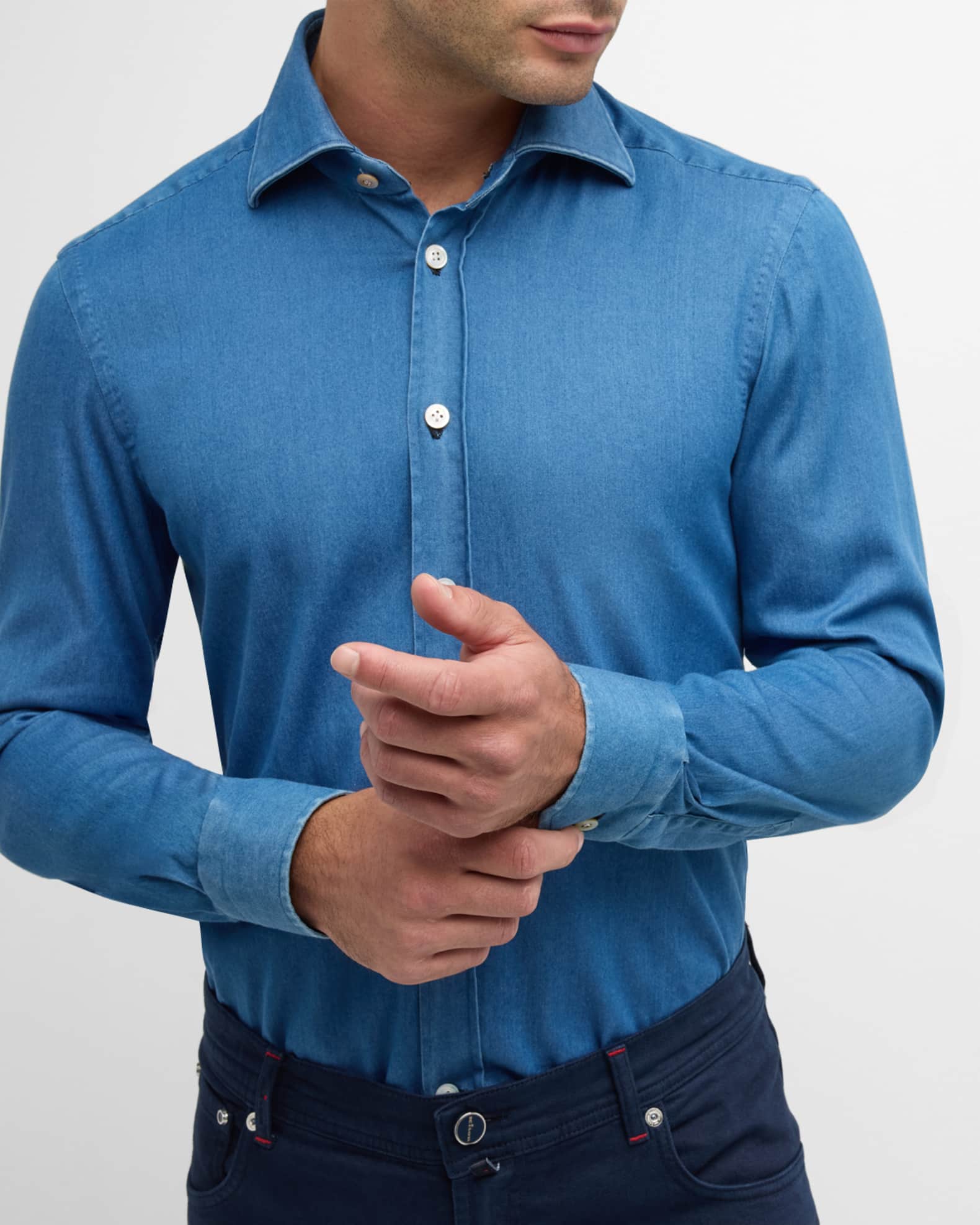 Kiton Men's Stretch Chambray Casual Button-Down Shirt