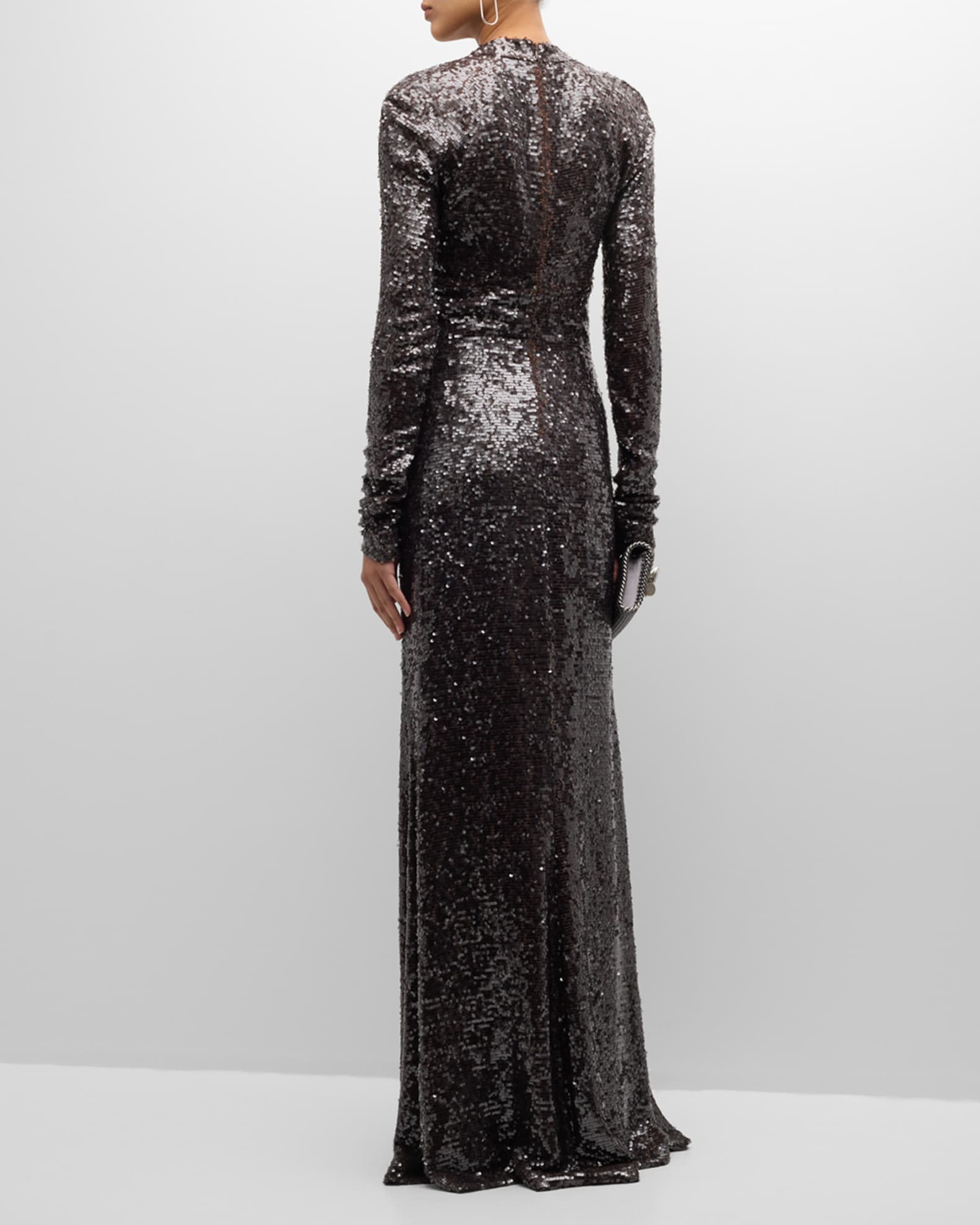 LAPOINTE Sequined Long-Sleeve Keyhole Halter Gown | Neiman Marcus