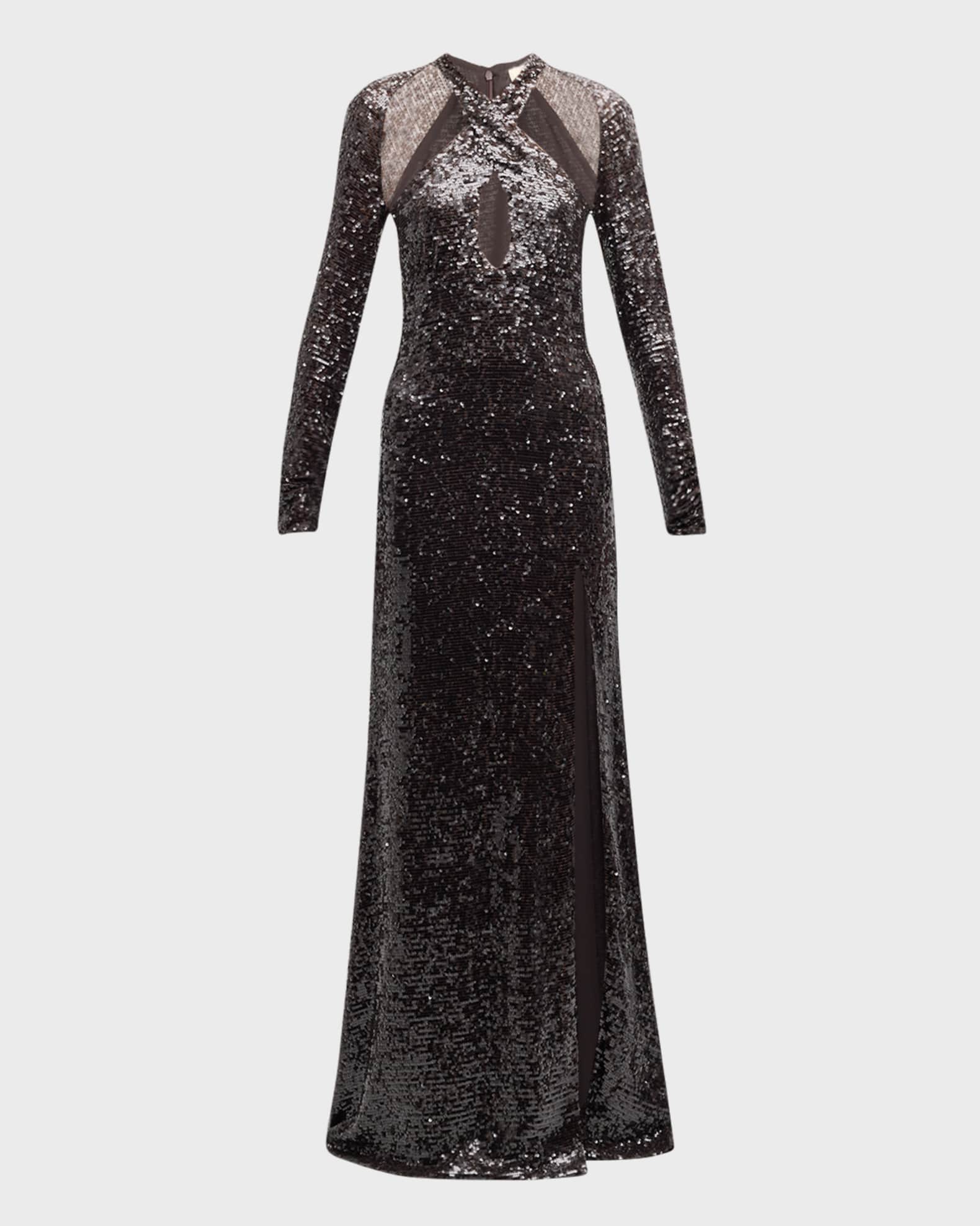 LAPOINTE Sequined Long-Sleeve Keyhole Halter Gown | Neiman Marcus