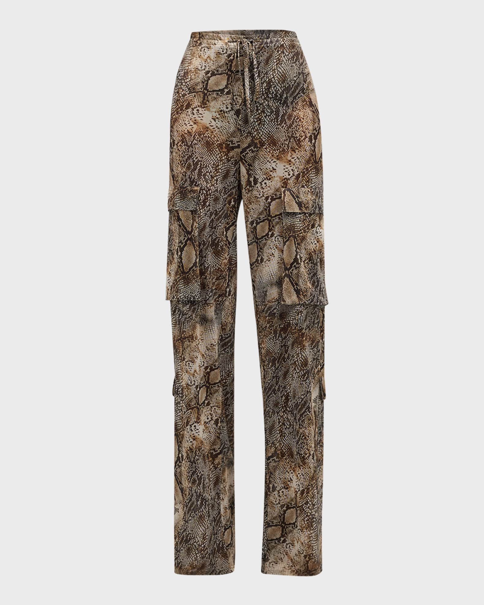 Mid Rise Snakeskin Print Mesh Straight Leg Drawstring Cargo Pants