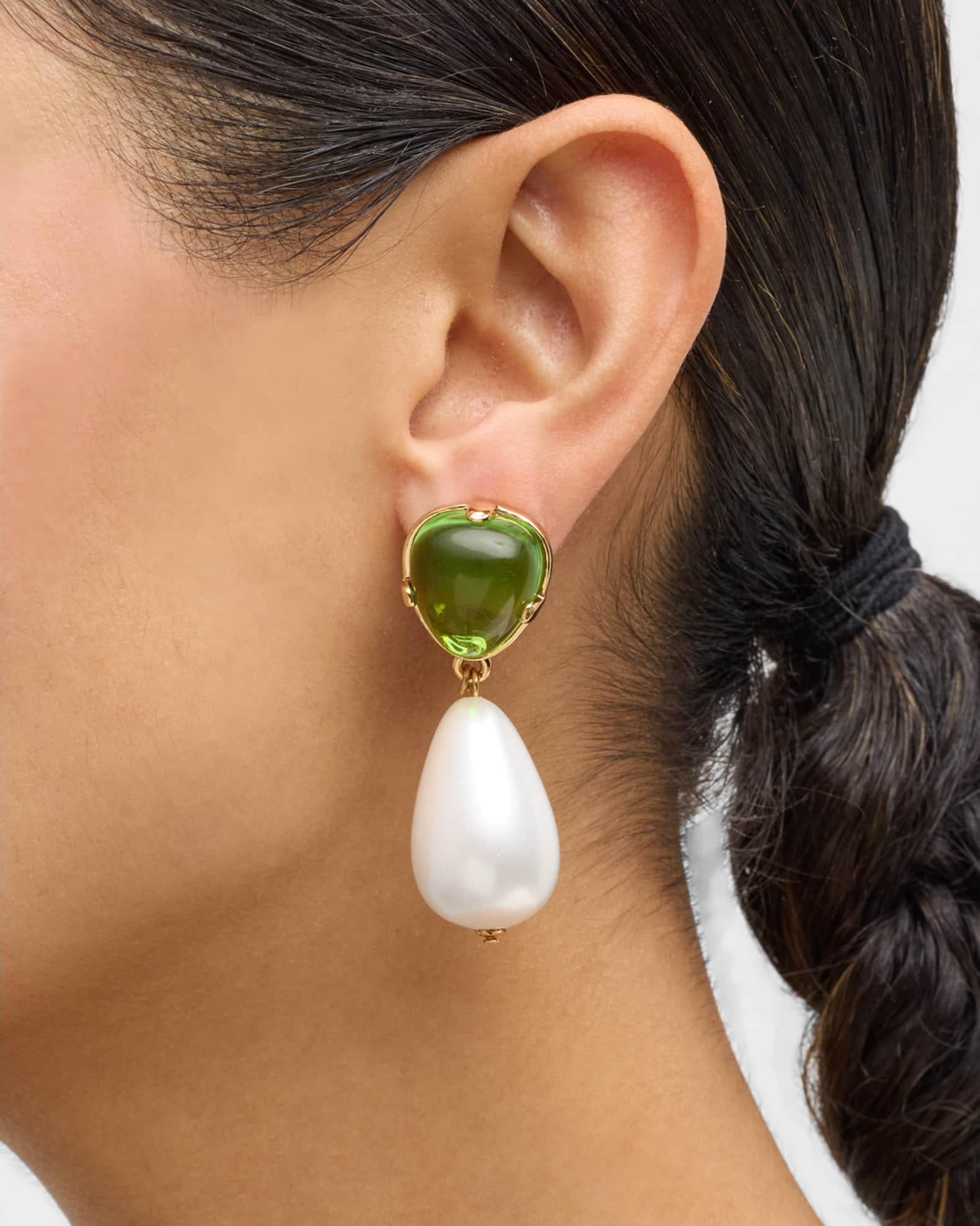 Peridot Top and Pearly Drop Clip On Earrings 1