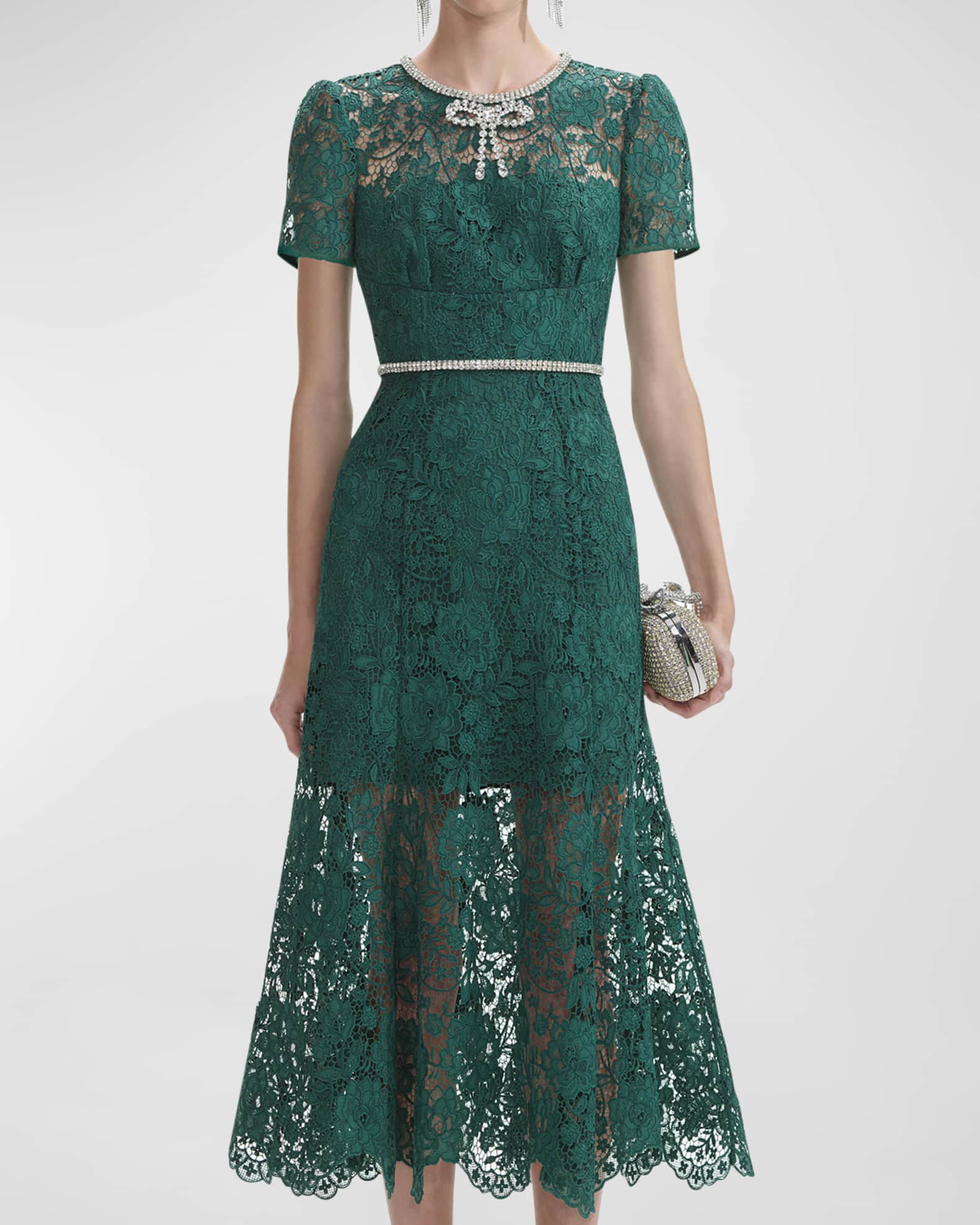 Self Portrait Lace Diamante Belted Short Sleeve Midi Dress Neiman Marcus