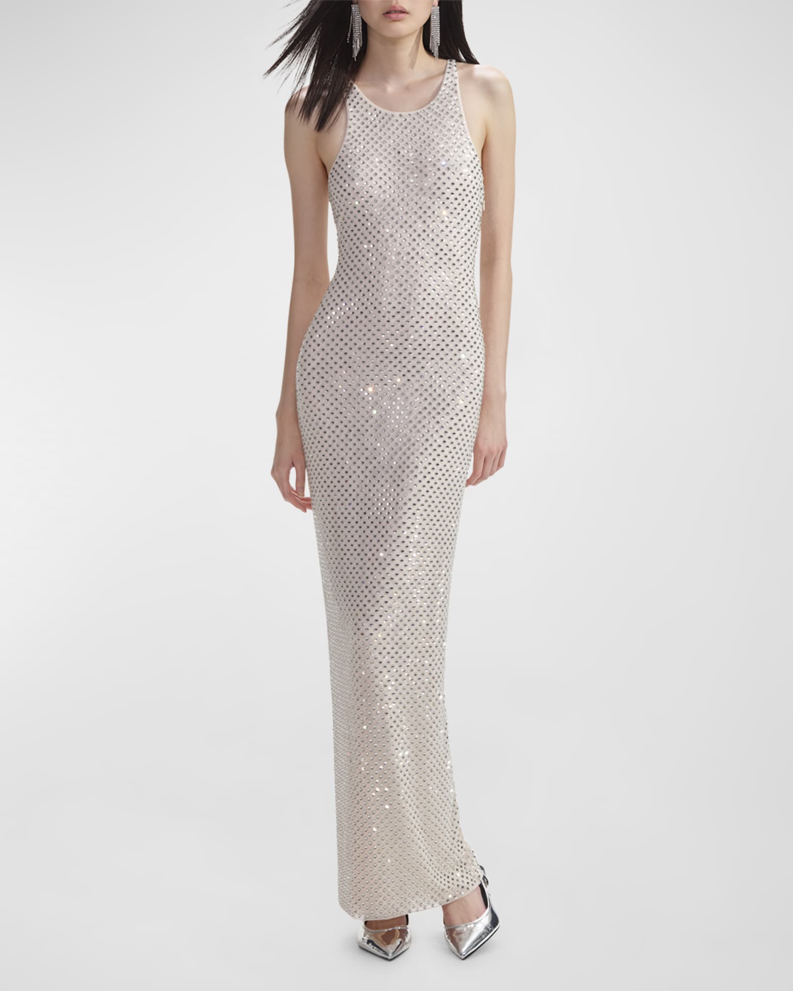 acelimosf™-Sleeveless dress with rhinestone flowers and exposed waist and hips