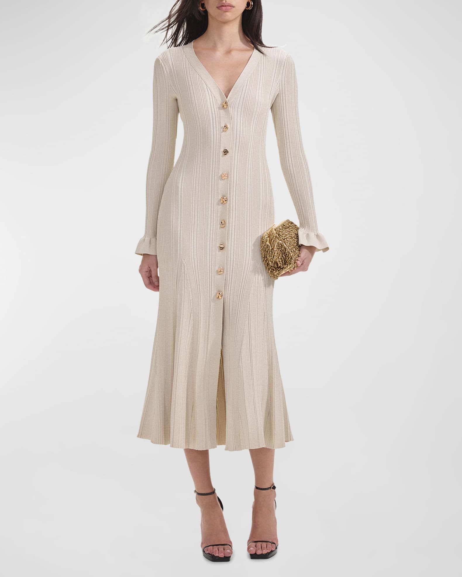 Self Portrait Metallic Ribbed Ruffle Cuff Midi Dress Neiman Marcus