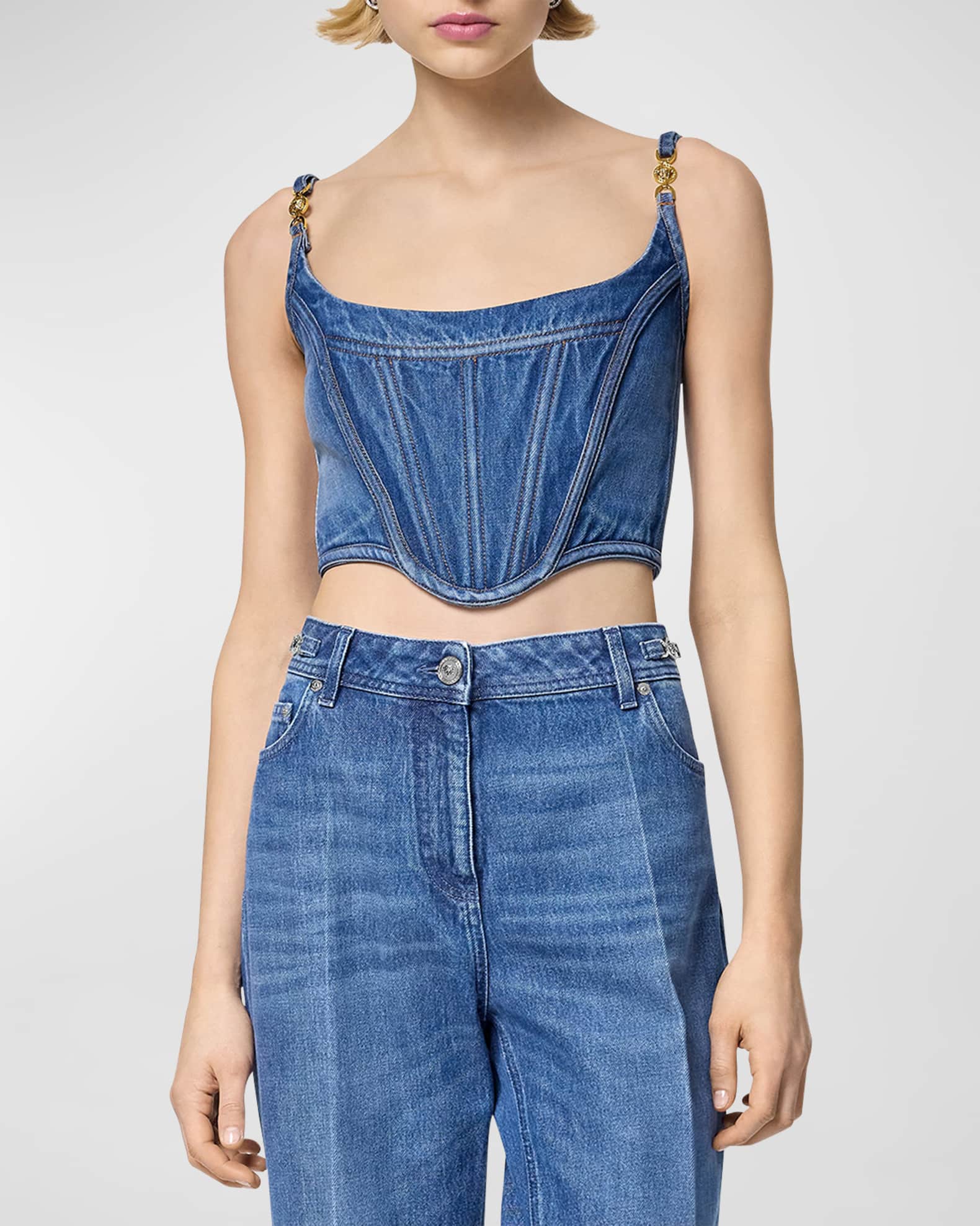 Stone-Washed Denim Crop Corset Top 1