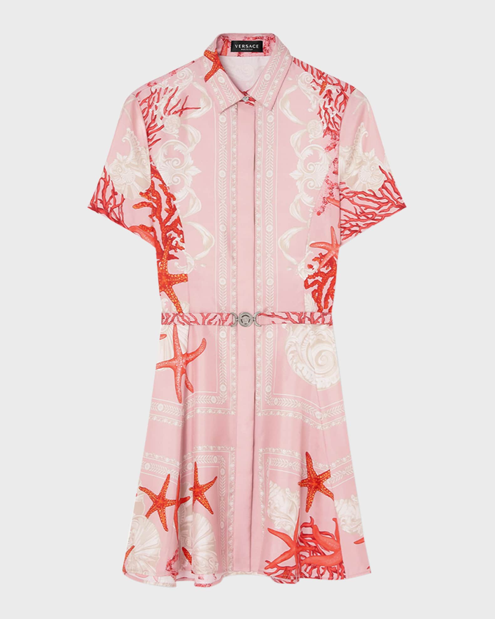Versace Holiday-Print Belted Short-Sleeve Silk Twill Mini Shirtdress