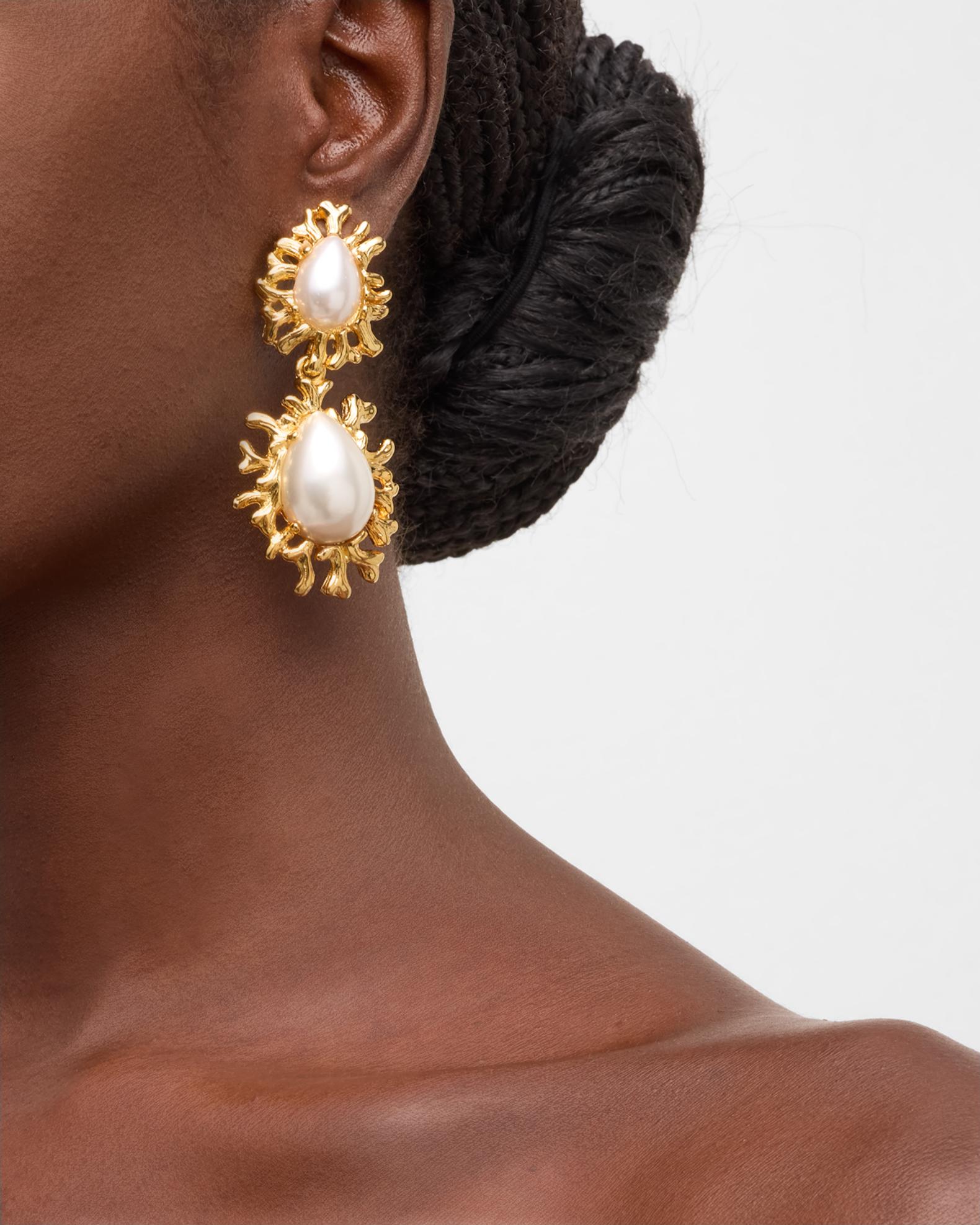 Kenneth Jay Lane Sea Branch Drop Clip Earrings with Cabochon