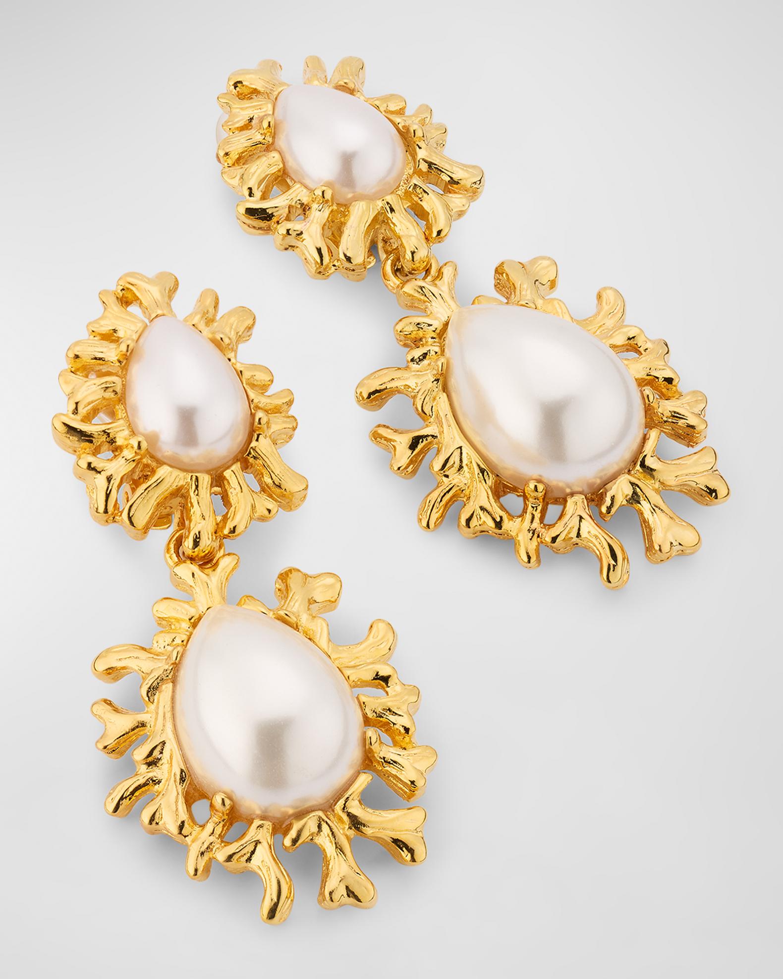 Kenneth Jay Lane Sea Branch Drop Clip Earrings with Cabochon