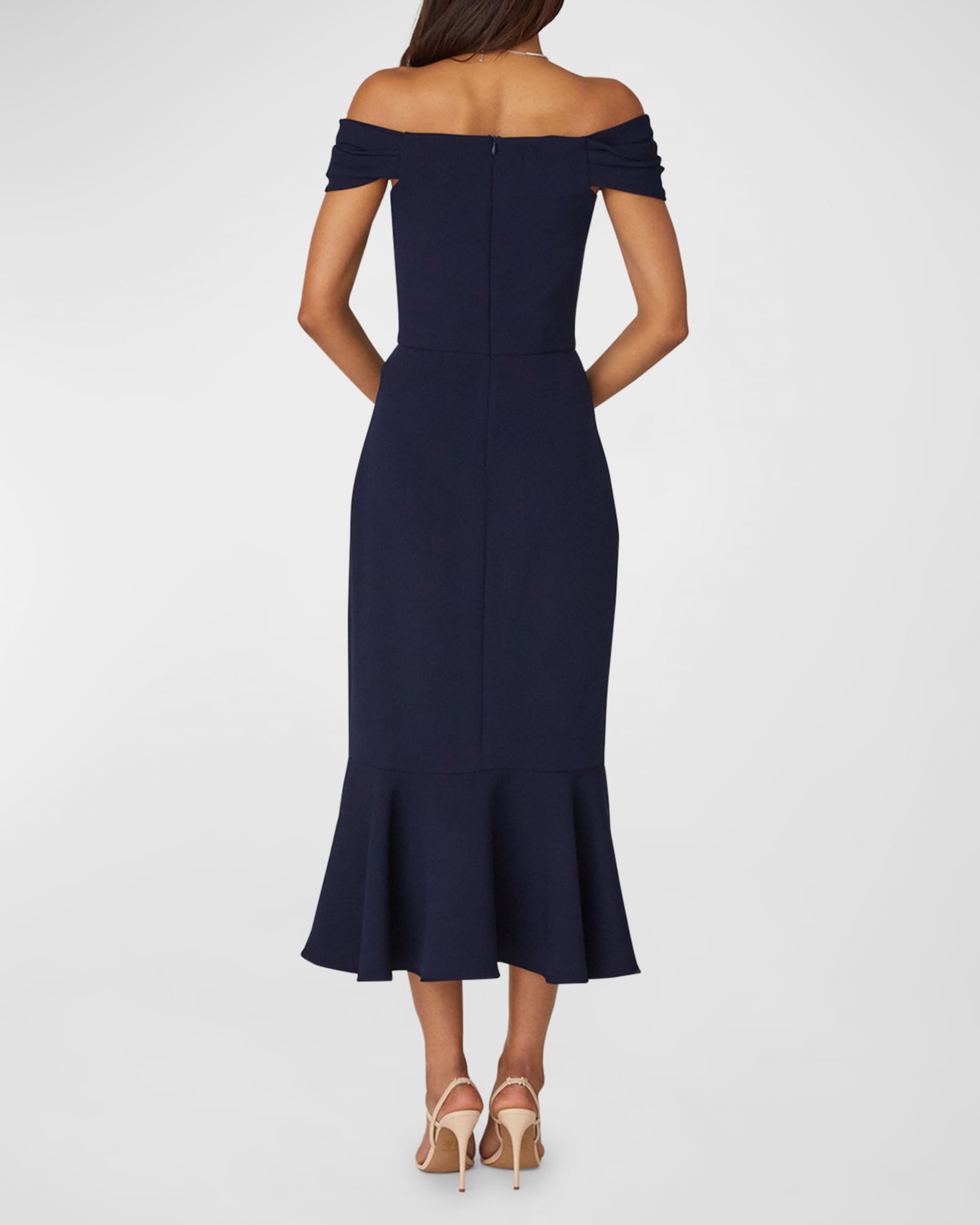 Off Shoulder Stretch Crepe Midi Dress