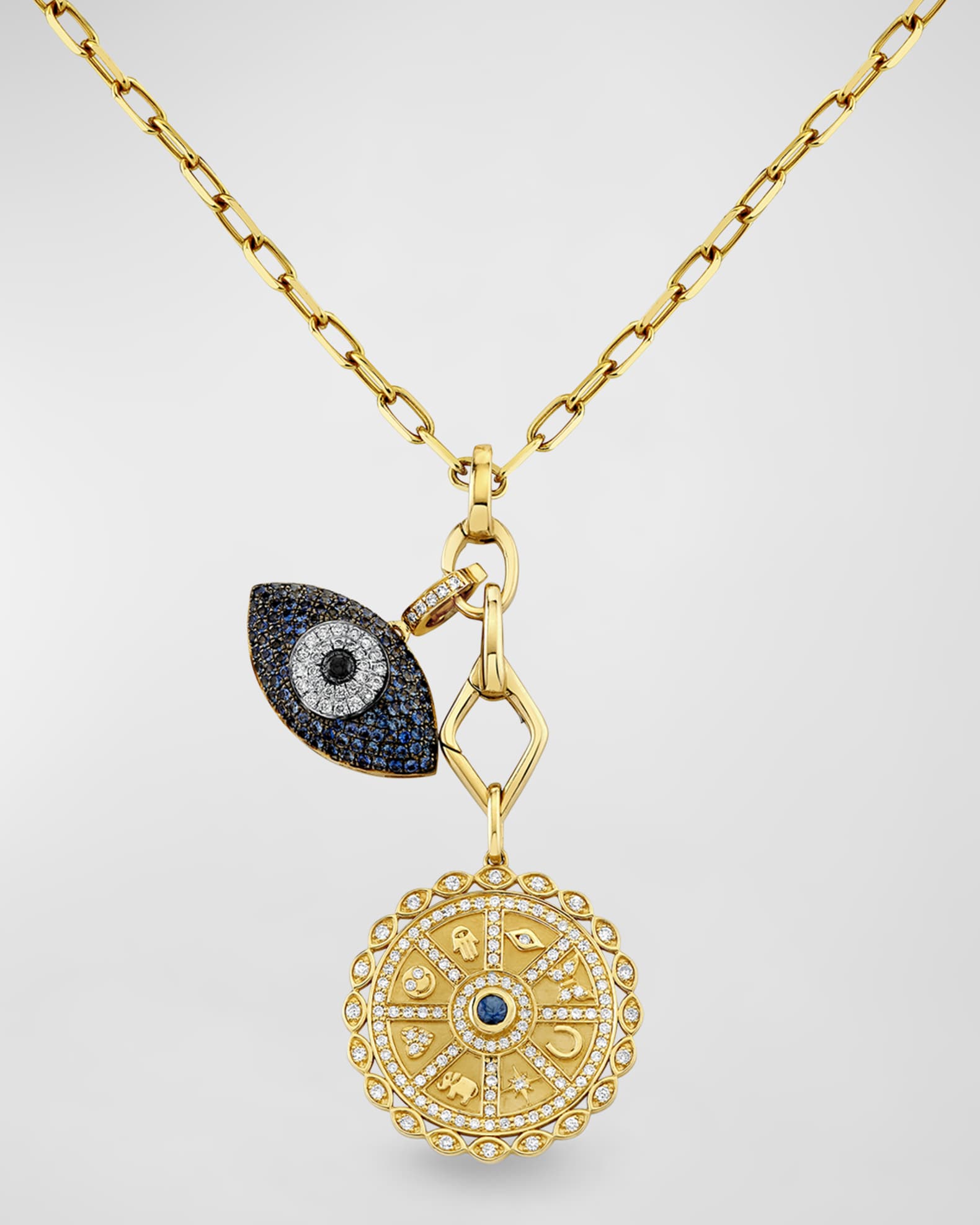Sydney Evan 14K Gold Sapphire and Diamond Dialed In Puffy Evil Eye and Icon Wheel Coin Necklace Neiman Marcus