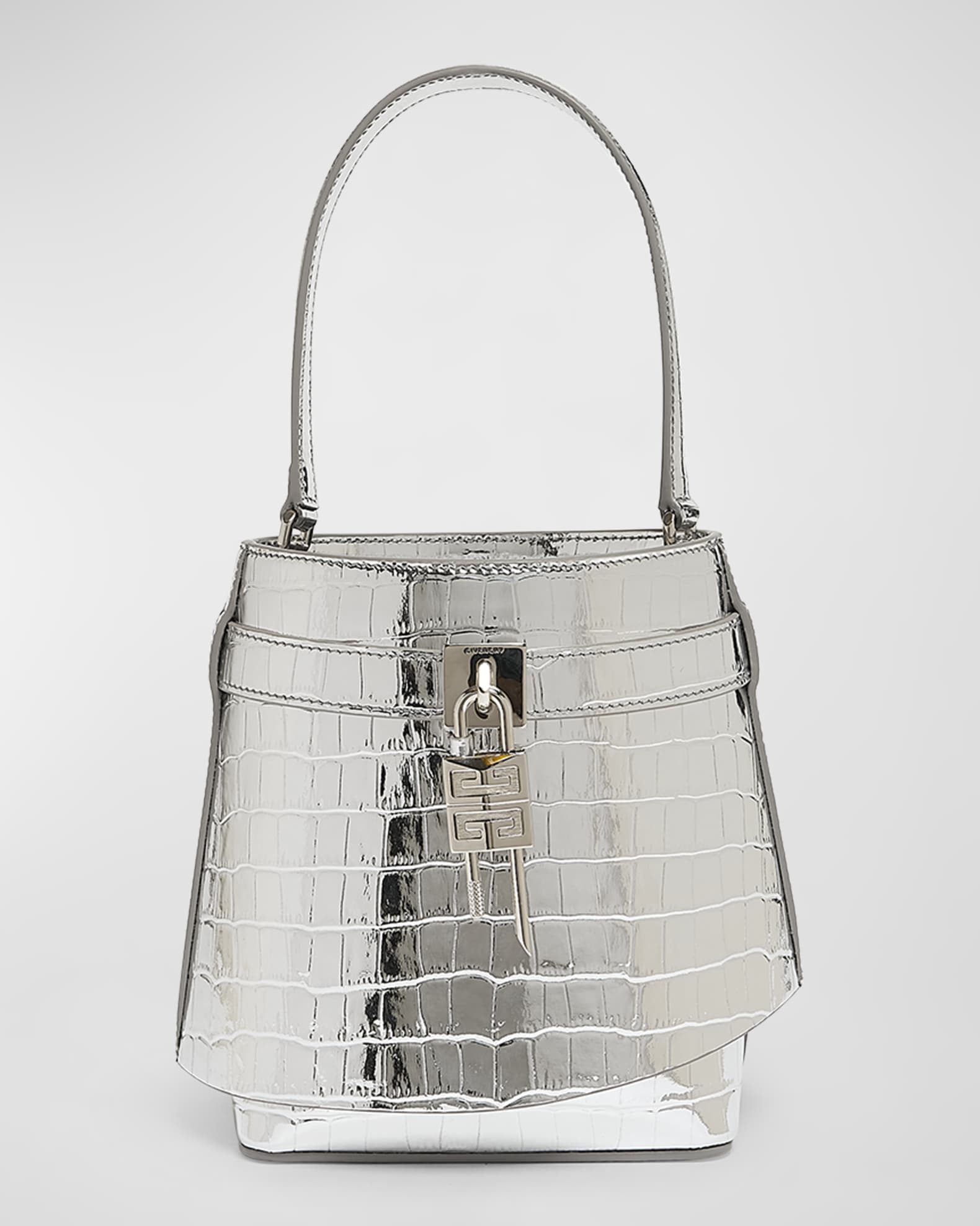 Shark Lock Bucket Bag in Metallic Croc-Embossed Leather 0